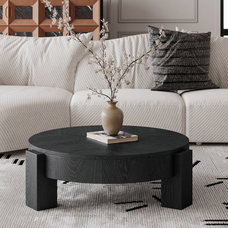 33'' Round Coffee Table with Hidden Storage, Modern Wabi-Sabi Wood Parquet Veneer Top Table, 3 Block Legs Sturdy Center Accent Table for Living Room, Small Space - Sonkuki