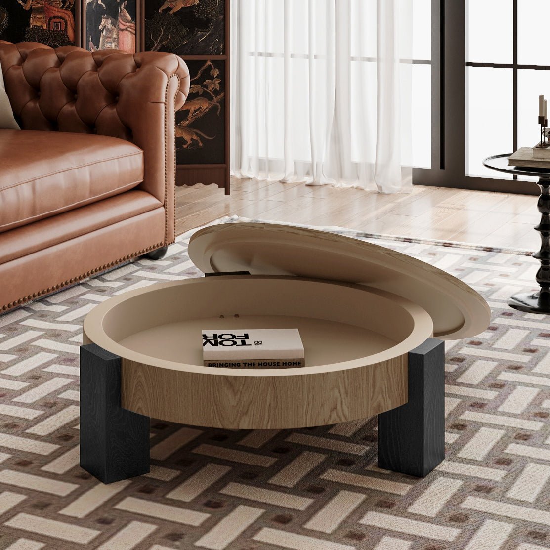 33'' Round Coffee Table with Hidden Storage, Modern Wabi-Sabi Wood Parquet Veneer Top Table, 3 Block Legs Sturdy Center Accent Table for Living Room, Small Space - Sonkuki