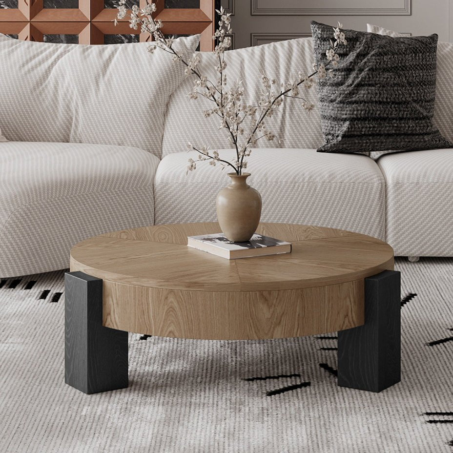 33'' Round Coffee Table with Hidden Storage, Modern Wabi-Sabi Wood Parquet Veneer Top Table, 3 Block Legs Sturdy Center Accent Table for Living Room, Small Space - Sonkuki