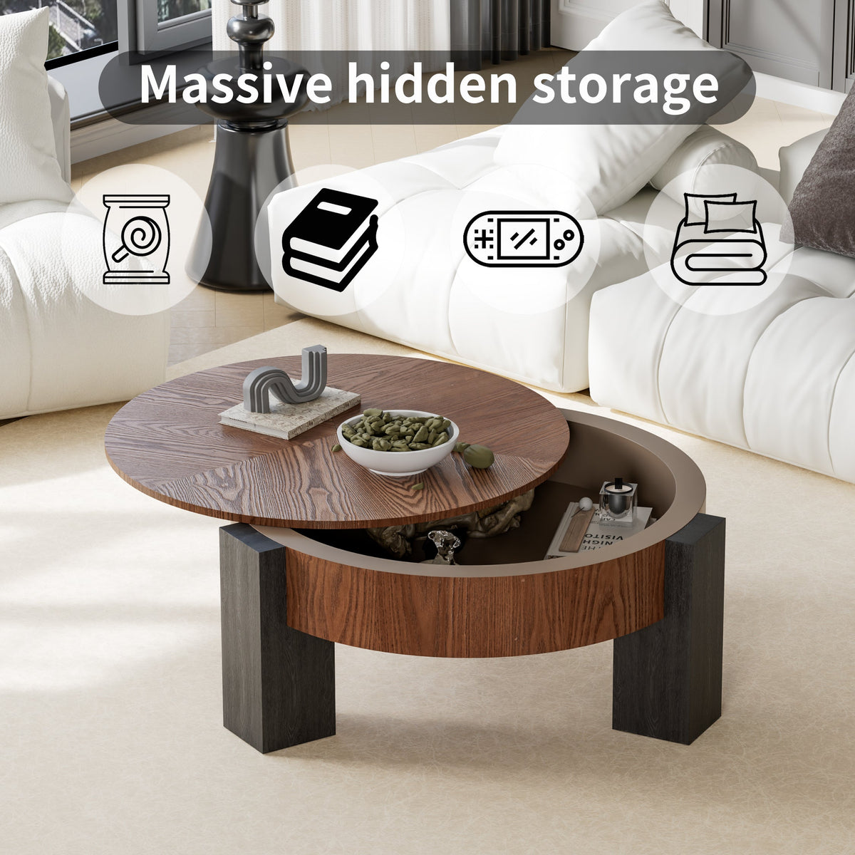 33'' Round Coffee Table with Hidden Storage, Modern Wabi-Sabi Wood Parquet Veneer Top Table, 3 Block Legs Sturdy Center Accent Table for Living Room, Small Space - Sonkuki