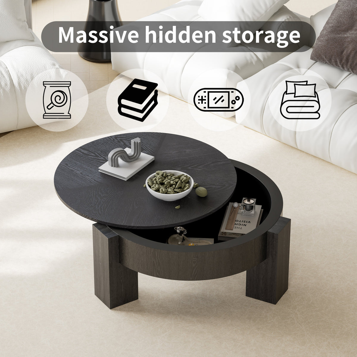 33'' Round Coffee Table with Hidden Storage, Modern Wabi-Sabi Wood Parquet Veneer Top Table, 3 Block Legs Sturdy Center Accent Table for Living Room, Small Space - Sonkuki