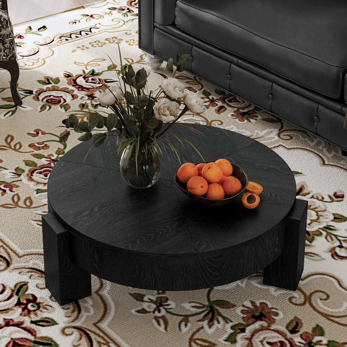 33'' Round Coffee Table with Hidden Storage, Modern Wabi-Sabi Wood Parquet Veneer Top Table, 3 Block Legs Sturdy Center Accent Table for Living Room, Small Space - Sonkuki