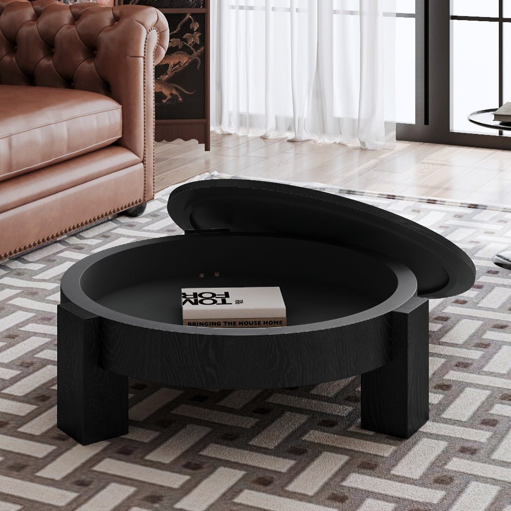 33'' Round Coffee Table with Hidden Storage, Modern Wabi-Sabi Wood Parquet Veneer Top Table, 3 Block Legs Sturdy Center Accent Table for Living Room, Small Space - Sonkuki