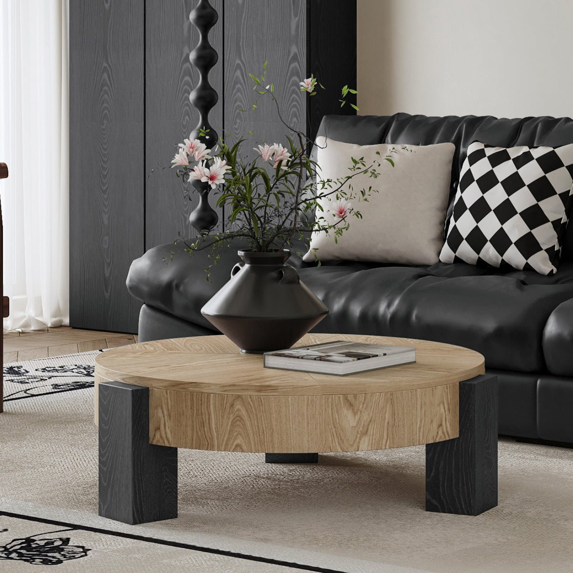 33'' Round Coffee Table with Hidden Storage, Modern Wabi-Sabi Wood Parquet Veneer Top Table, 3 Block Legs Sturdy Center Accent Table for Living Room, Small Space - Sonkuki
