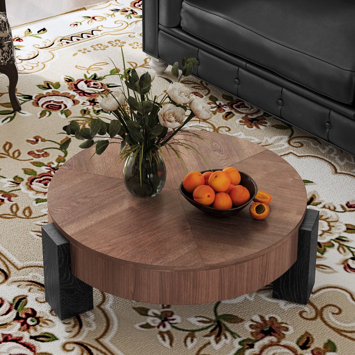 33'' Round Coffee Table with Hidden Storage, Modern Wabi-Sabi Wood Parquet Veneer Top Table, 3 Block Legs Sturdy Center Accent Table for Living Room, Small Space - Sonkuki