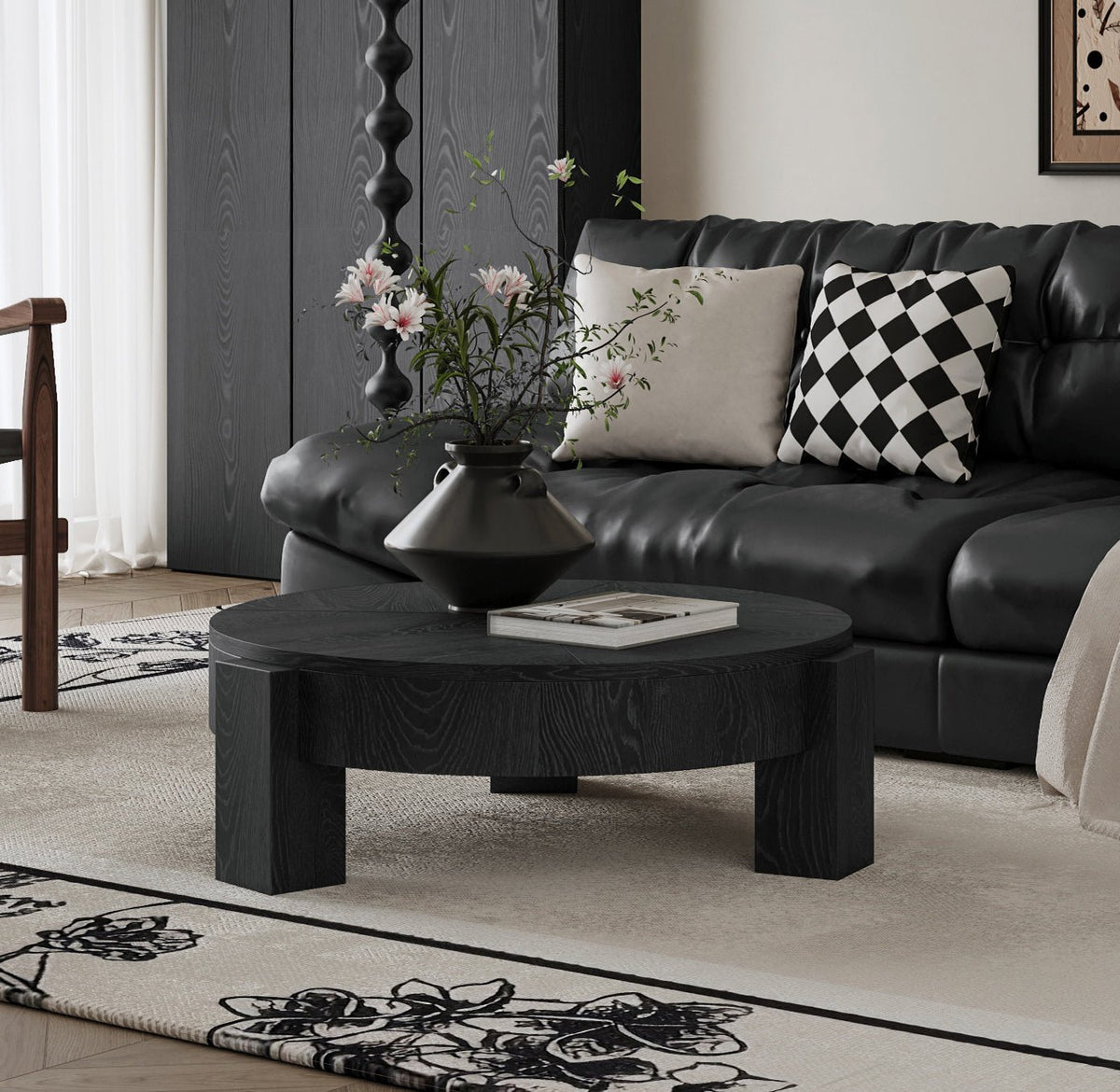 33'' Round Coffee Table with Hidden Storage, Modern Wabi-Sabi Wood Parquet Veneer Top Table, 3 Block Legs Sturdy Center Accent Table for Living Room, Small Space - Sonkuki