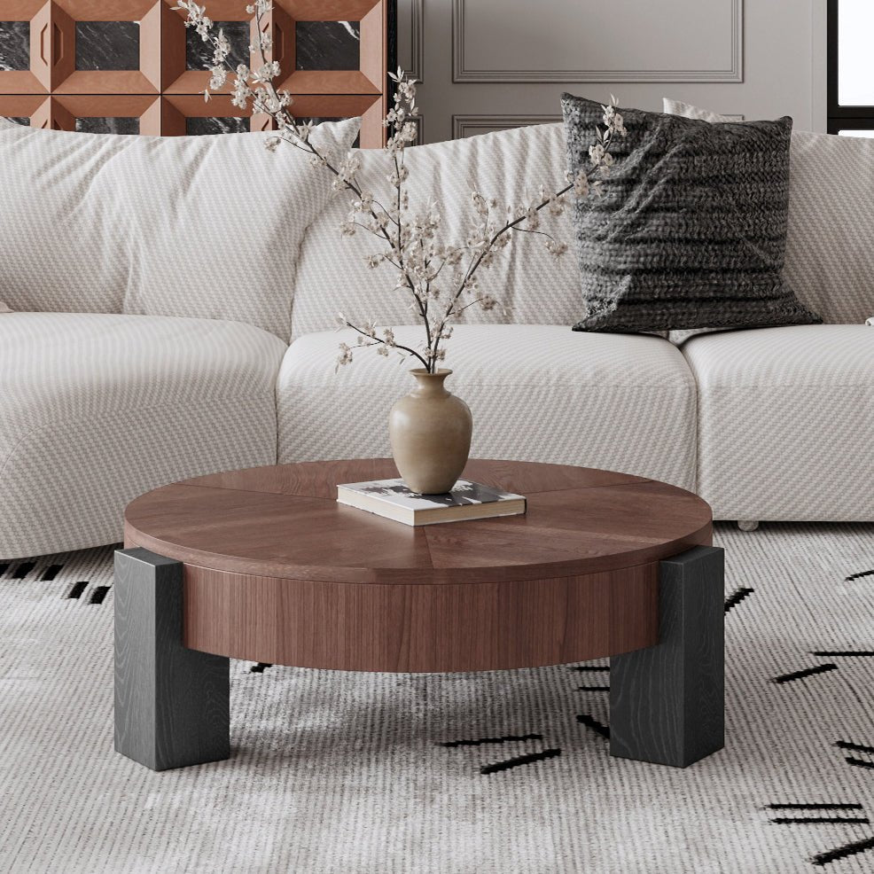 33'' Round Coffee Table with Hidden Storage, Modern Wabi-Sabi Wood Parquet Veneer Top Table, 3 Block Legs Sturdy Center Accent Table for Living Room, Small Space - Sonkuki