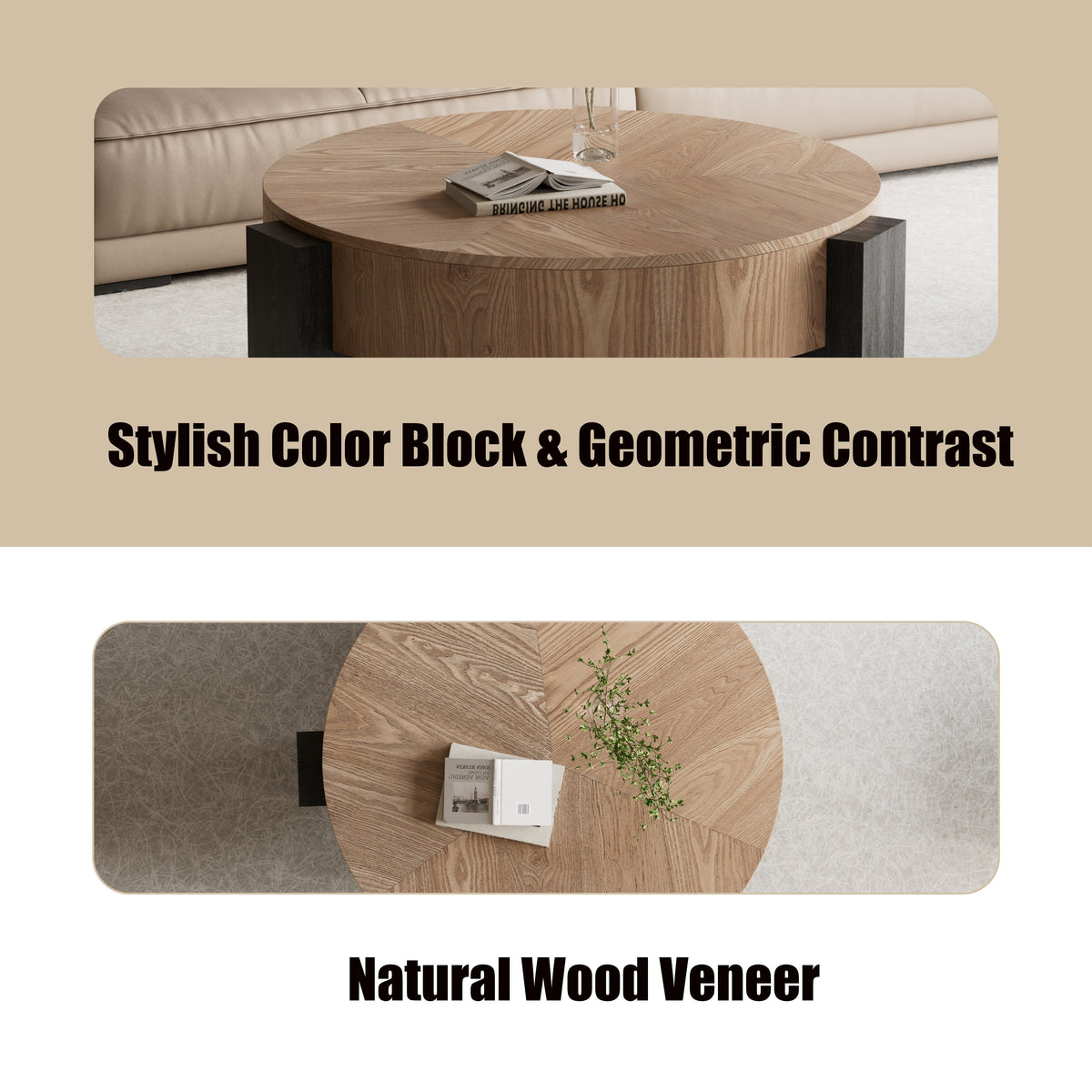 33'' Round Coffee Table with Hidden Storage, Modern Wabi-Sabi Wood Parquet Veneer Top Table, 3 Block Legs Sturdy Center Accent Table for Living Room, Small Space - Sonkuki