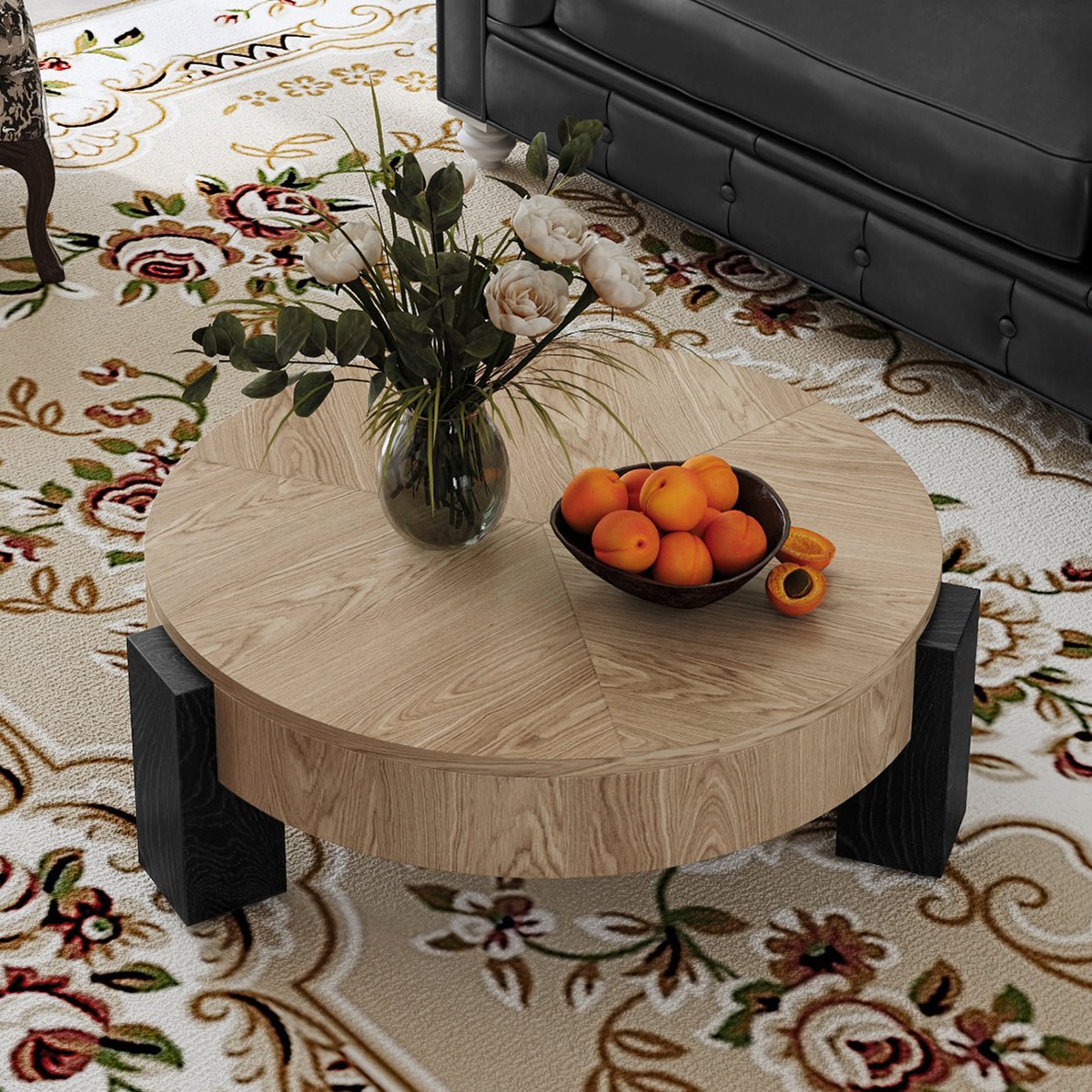 33'' Round Coffee Table with Hidden Storage, Modern Wabi-Sabi Wood Parquet Veneer Top Table, 3 Block Legs Sturdy Center Accent Table for Living Room, Small Space - Sonkuki