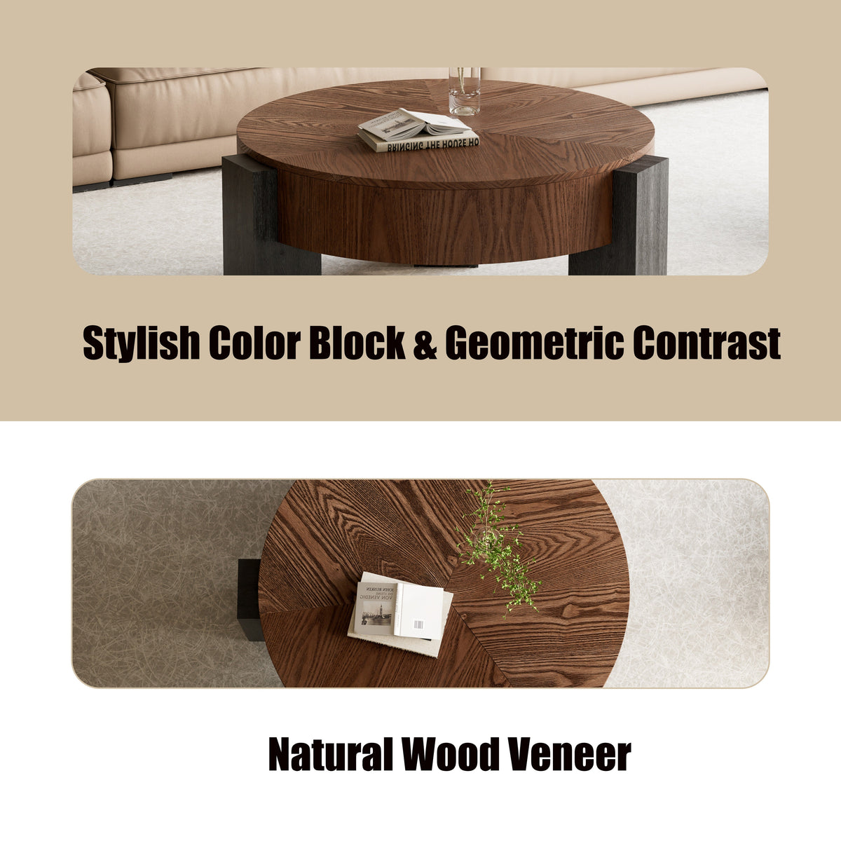 33'' Round Coffee Table with Hidden Storage, Modern Wabi-Sabi Wood Parquet Veneer Top Table, 3 Block Legs Sturdy Center Accent Table for Living Room, Small Space - Sonkuki