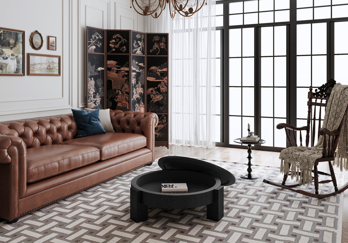 33'' Round Coffee Table with Hidden Storage, Modern Wabi-Sabi Wood Parquet Veneer Top Table, 3 Block Legs Sturdy Center Accent Table for Living Room, Small Space - Sonkuki