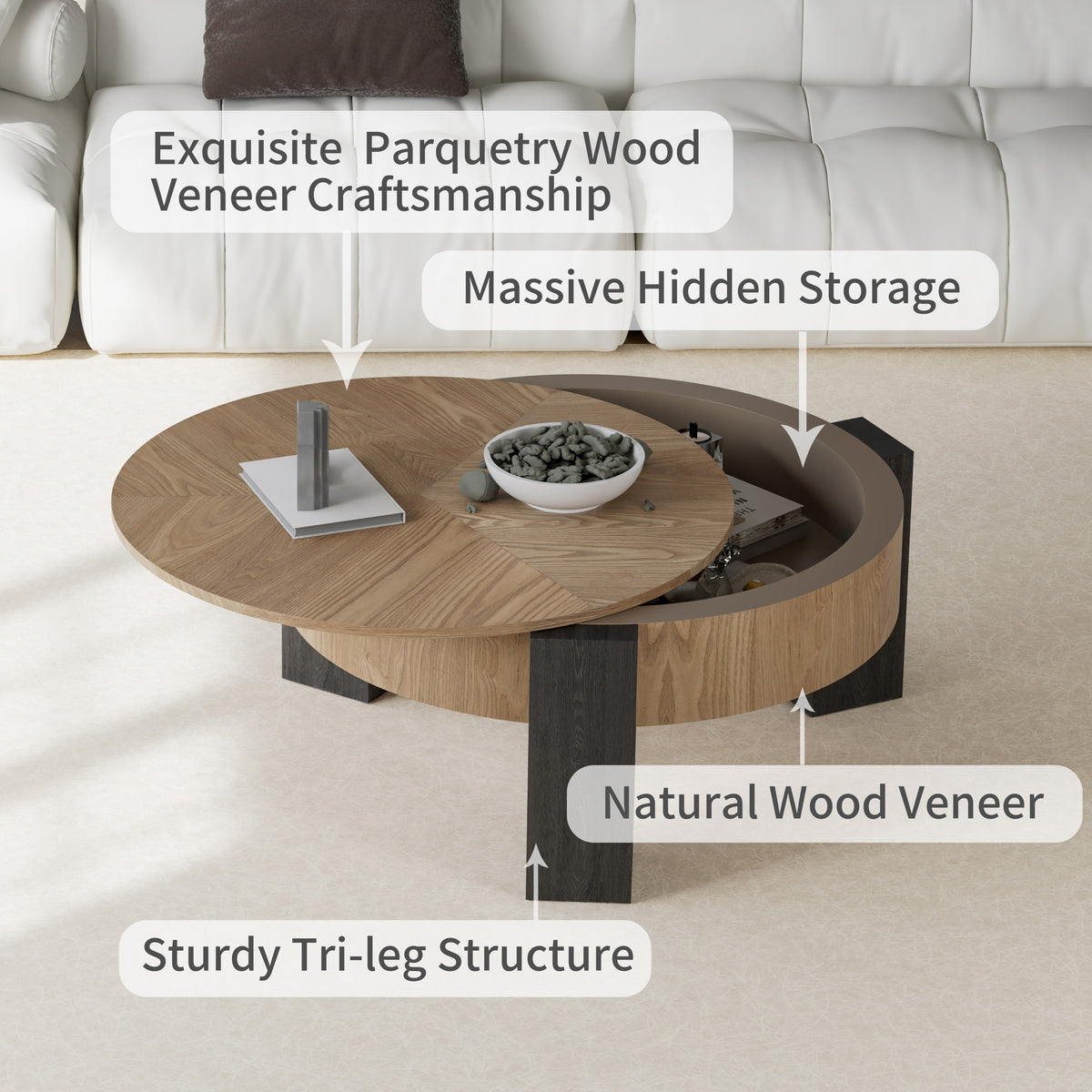 33'' Round Coffee Table with Hidden Storage, Modern Wabi-Sabi Wood Parquet Veneer Top Table, 3 Block Legs Sturdy Center Accent Table for Living Room, Small Space - Sonkuki