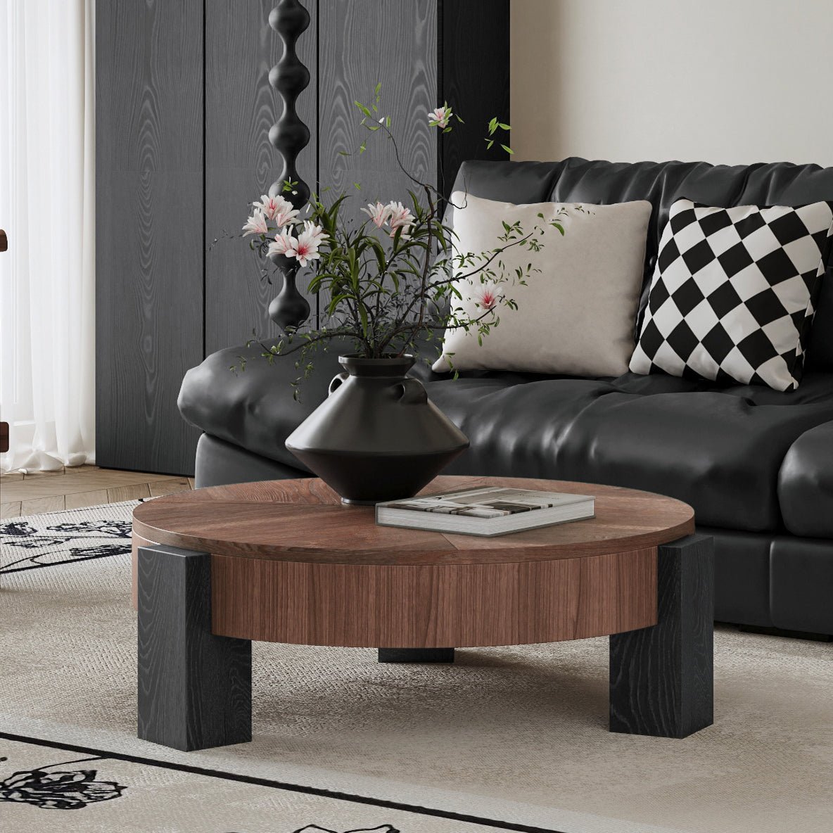 33'' Round Coffee Table with Hidden Storage, Modern Wabi-Sabi Wood Parquet Veneer Top Table, 3 Block Legs Sturdy Center Accent Table for Living Room, Small Space - Sonkuki