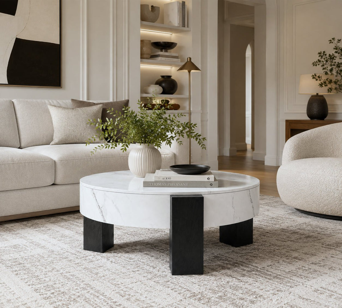 33'' Round Storage Coffee Table, White Marble‑Grain Coffee Table with Removable Lid, Modern Hidden Storage Center Table with Black Wood Legs for Living Room - Sonkuki