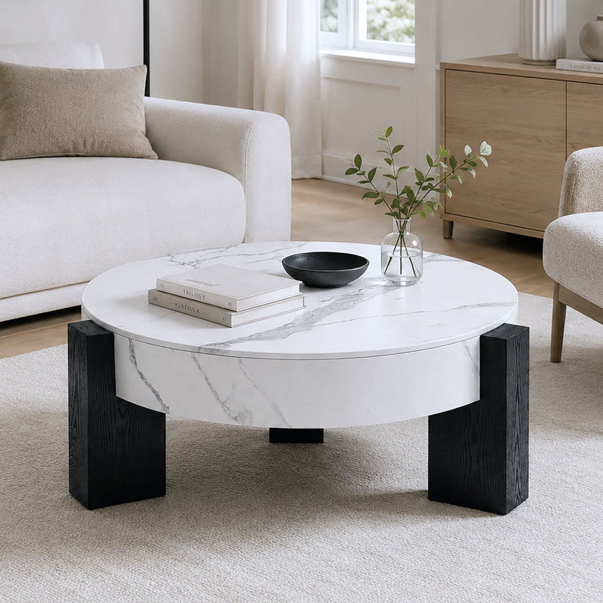 33'' Round Storage Coffee Table, White Marble‑Grain Coffee Table with Removable Lid, Modern Hidden Storage Center Table with Black Wood Legs for Living Room - Sonkuki