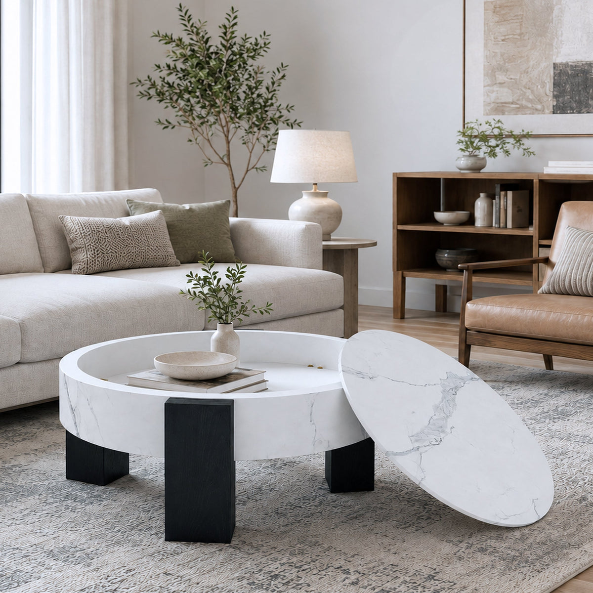 33'' Round Storage Coffee Table, White Marble‑Grain Coffee Table with Removable Lid, Modern Hidden Storage Center Table with Black Wood Legs for Living Room - Sonkuki