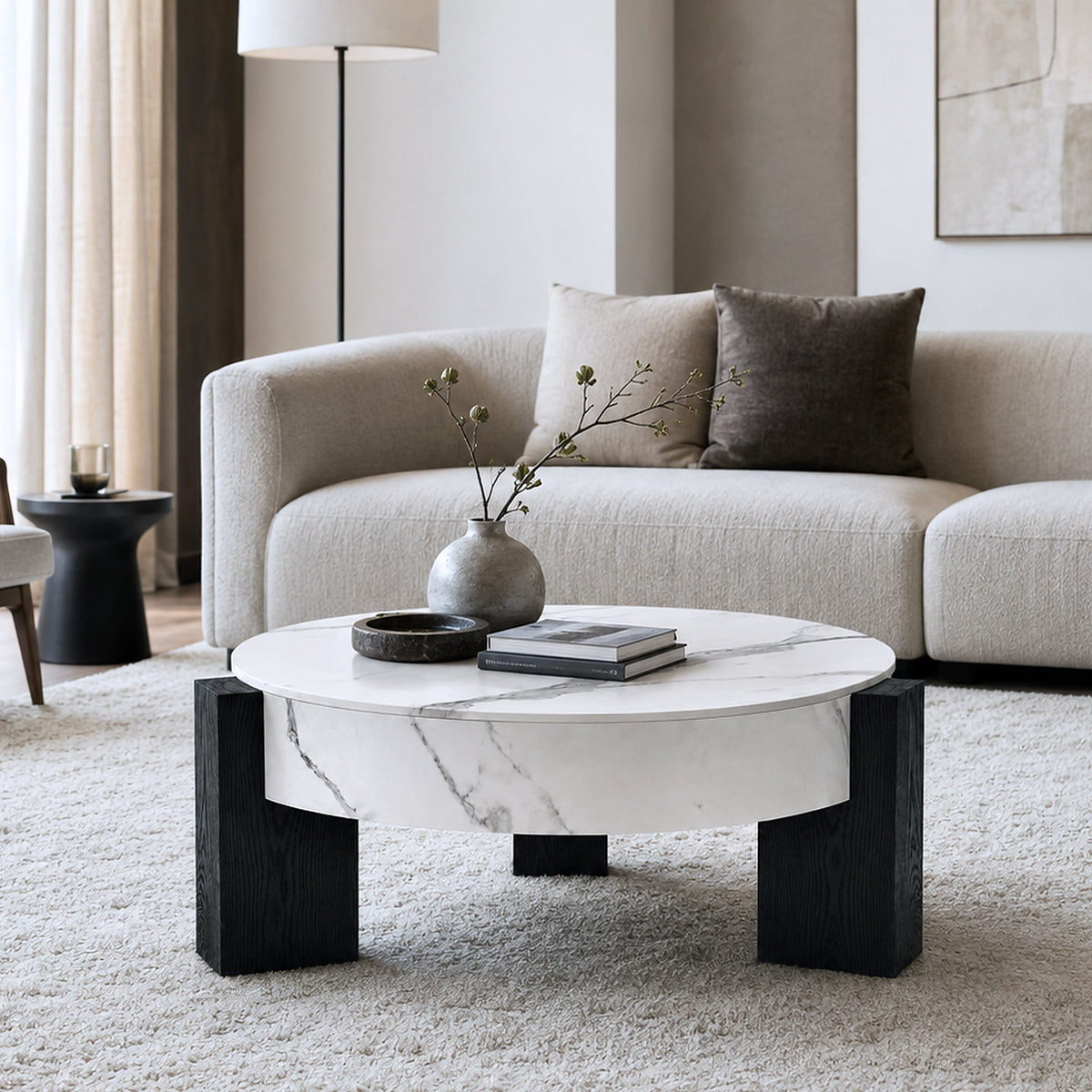 33'' Round Storage Coffee Table, White Marble‑Grain Coffee Table with Removable Lid, Modern Hidden Storage Center Table with Black Wood Legs for Living Room - Sonkuki