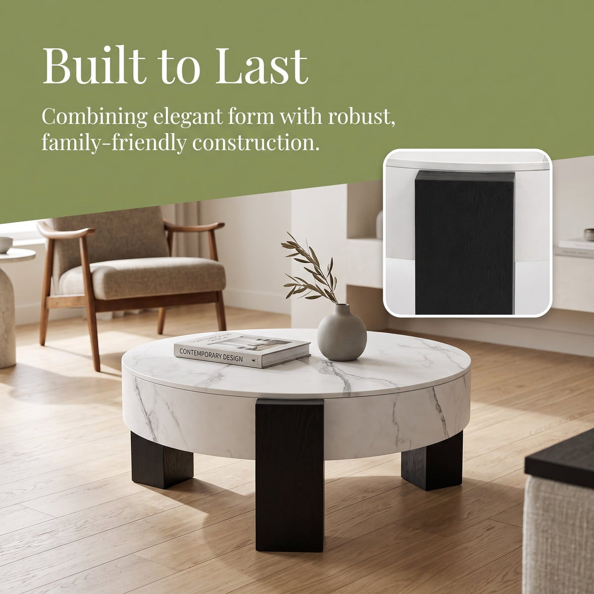33'' Round Storage Coffee Table, White Marble‑Grain Coffee Table with Removable Lid, Modern Hidden Storage Center Table with Black Wood Legs for Living Room - Sonkuki