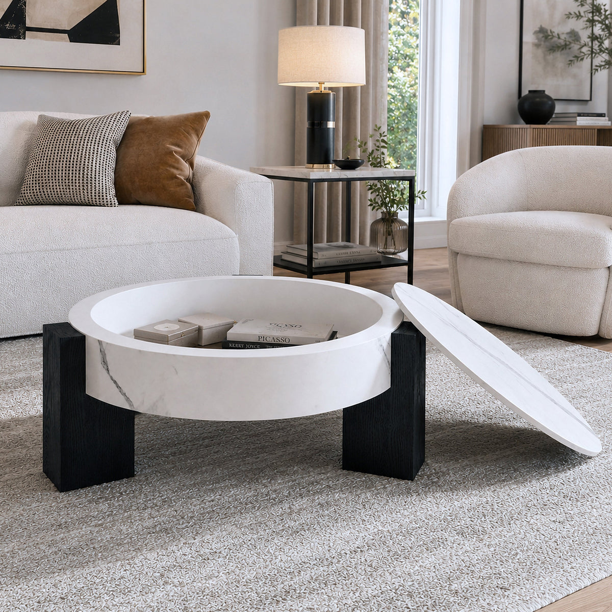 33'' Round Storage Coffee Table, White Marble‑Grain Coffee Table with Removable Lid, Modern Hidden Storage Center Table with Black Wood Legs for Living Room - Sonkuki