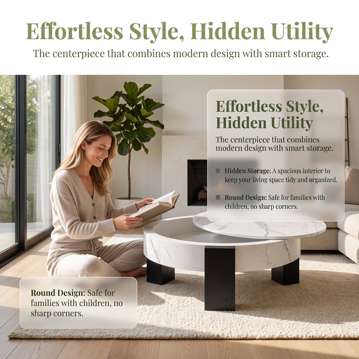 33'' Round Storage Coffee Table, White Marble‑Grain Coffee Table with Removable Lid, Modern Hidden Storage Center Table with Black Wood Legs for Living Room - Sonkuki