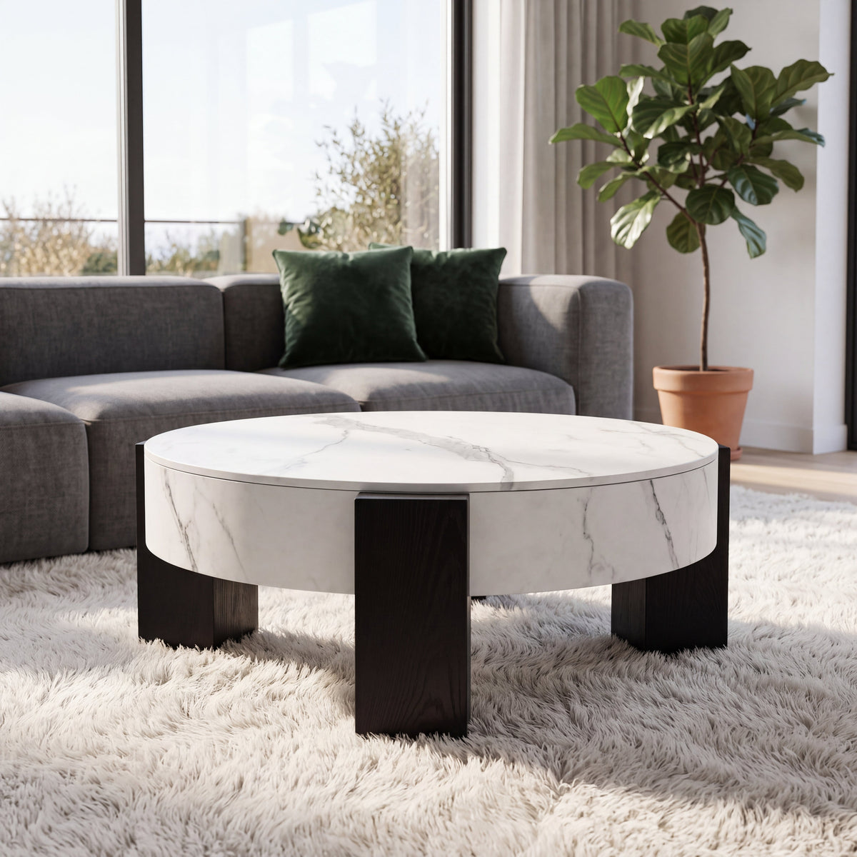33'' Round Storage Coffee Table, White Marble‑Grain Coffee Table with Removable Lid, Modern Hidden Storage Center Table with Black Wood Legs for Living Room - Sonkuki
