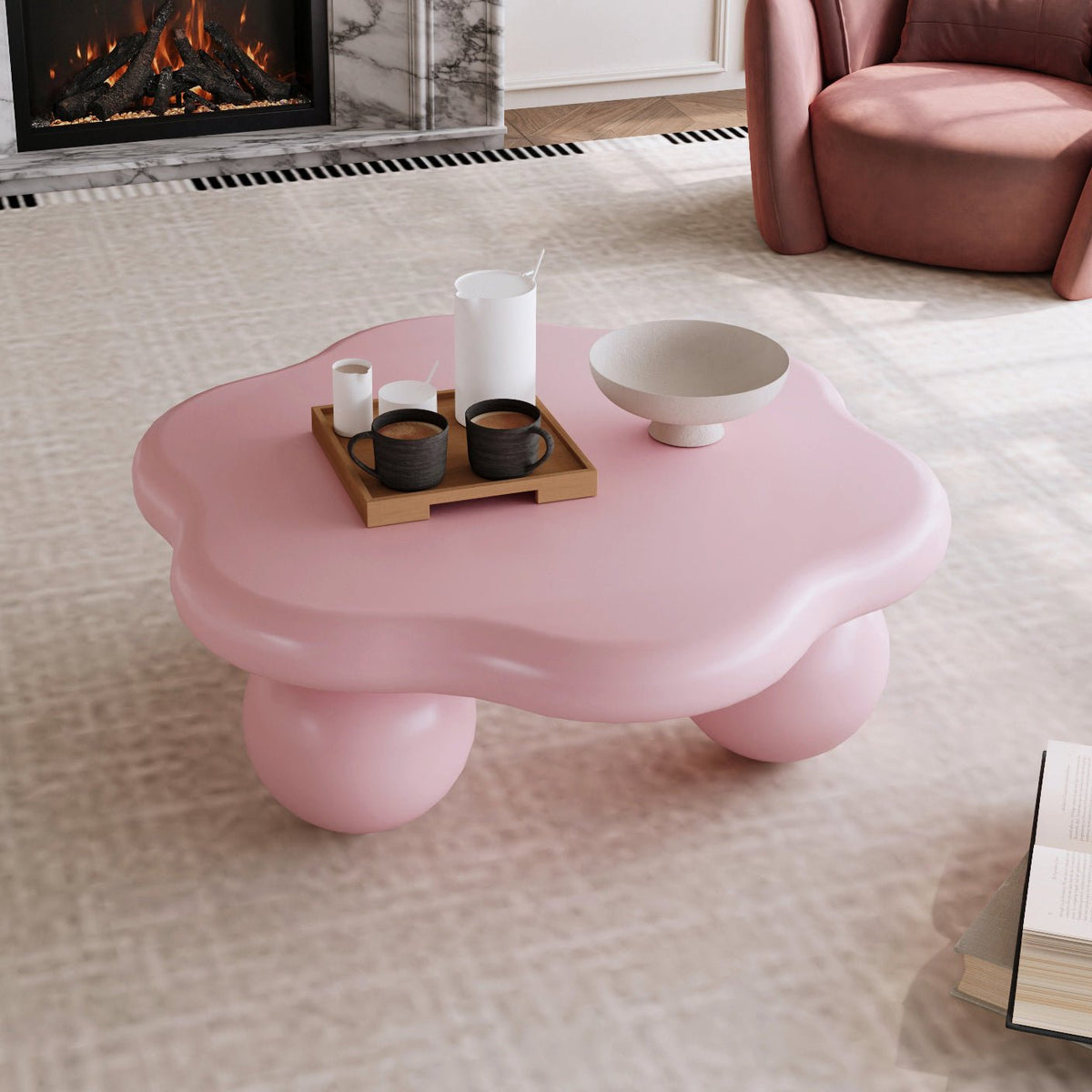 35" Cloud Shaped Coffee Table, Petal-Shaped Modern Minimalist Coffee Table with Spherical Legs - Sonkuki