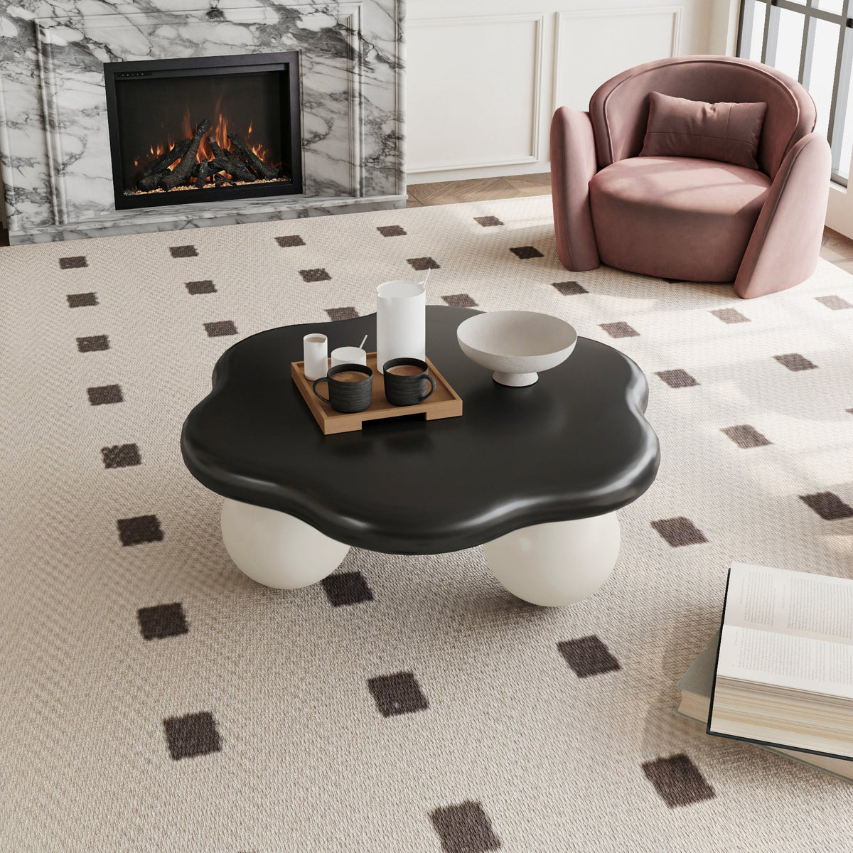 35" Cloud Shaped Coffee Table, Petal-Shaped Modern Minimalist Coffee Table with Spherical Legs - Sonkuki