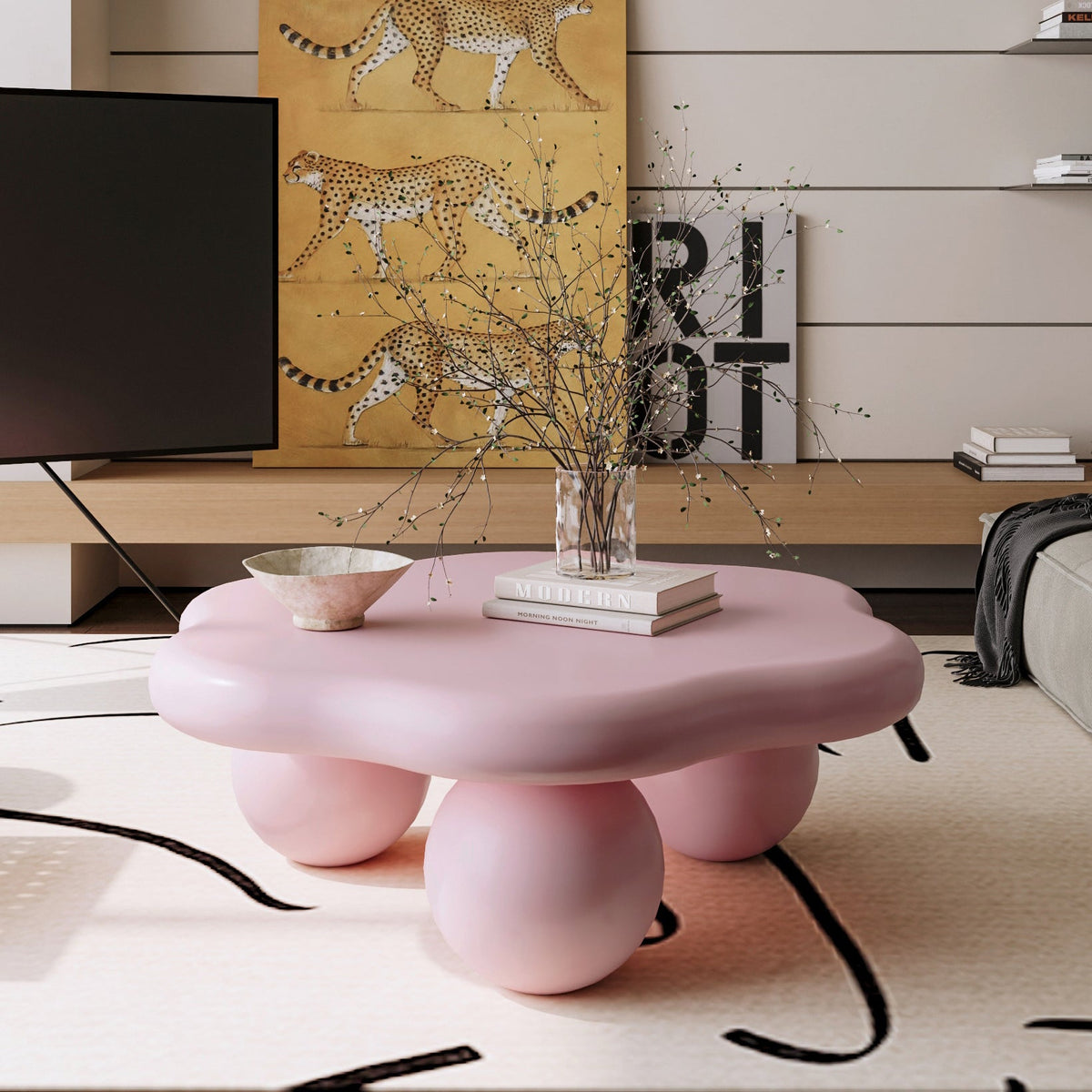 35" Cloud Shaped Coffee Table, Petal-Shaped Modern Minimalist Coffee Table with Spherical Legs - Sonkuki
