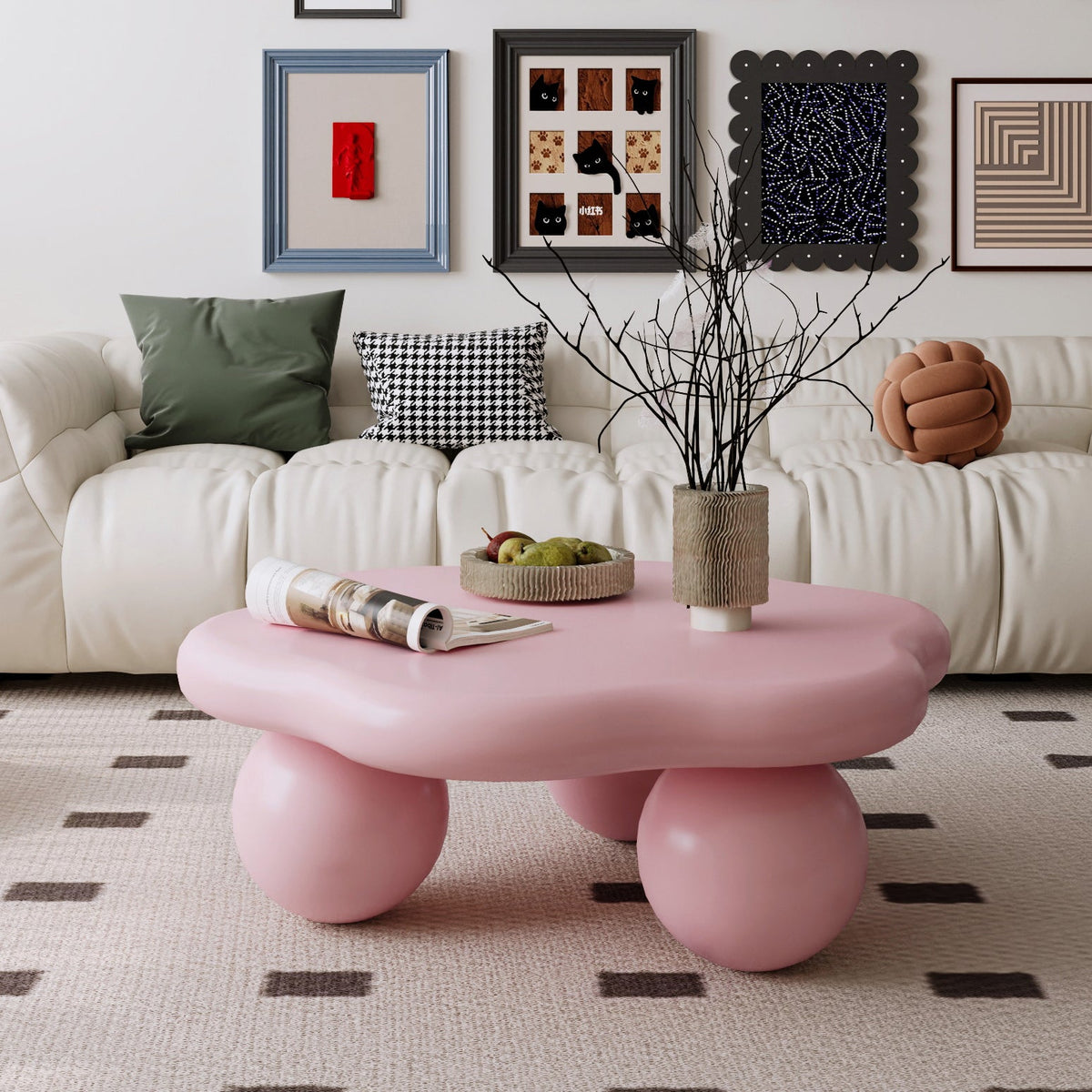 35" Cloud Shaped Coffee Table, Petal-Shaped Modern Minimalist Coffee Table with Spherical Legs - Sonkuki