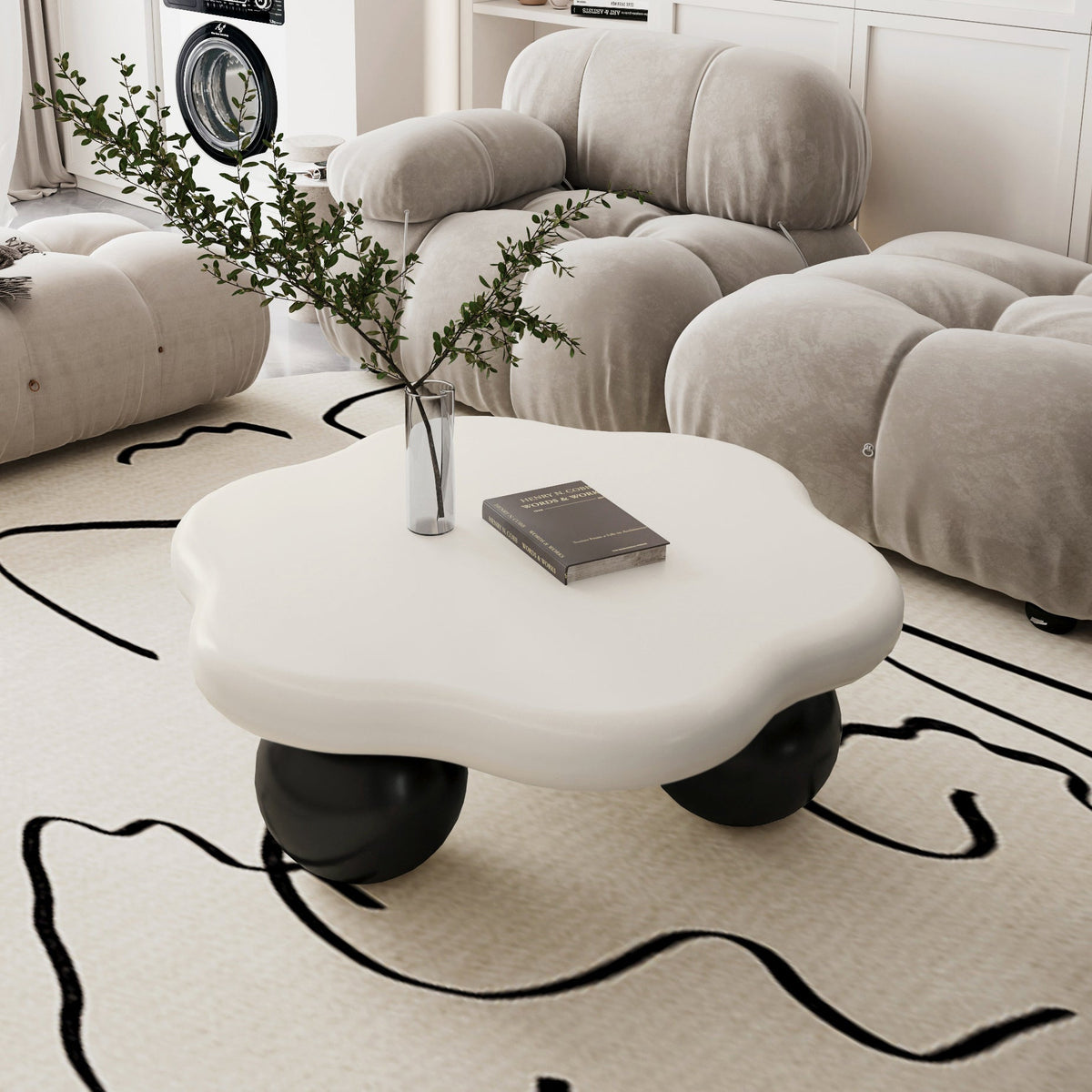 35" Cloud Shaped Coffee Table, Petal-Shaped Modern Minimalist Coffee Table with Spherical Legs - Sonkuki