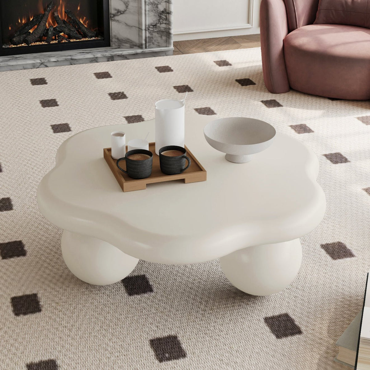 35" Cloud Shaped Coffee Table, Petal-Shaped Modern Minimalist Coffee Table with Spherical Legs - Sonkuki