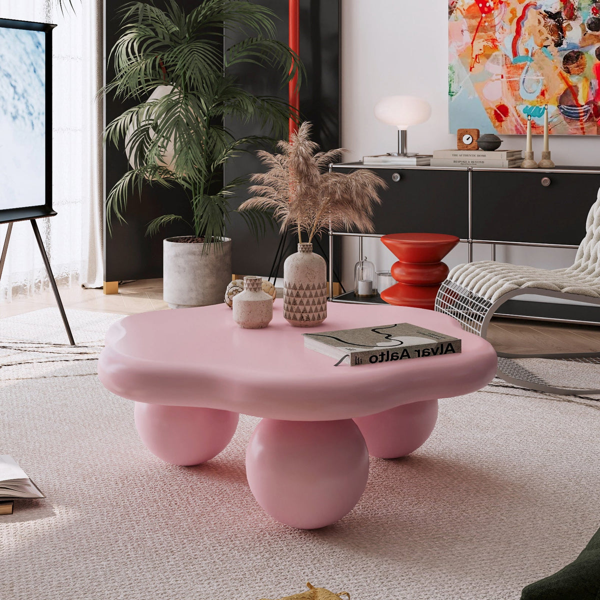 35" Cloud Shaped Coffee Table, Petal-Shaped Modern Minimalist Coffee Table with Spherical Legs - Sonkuki