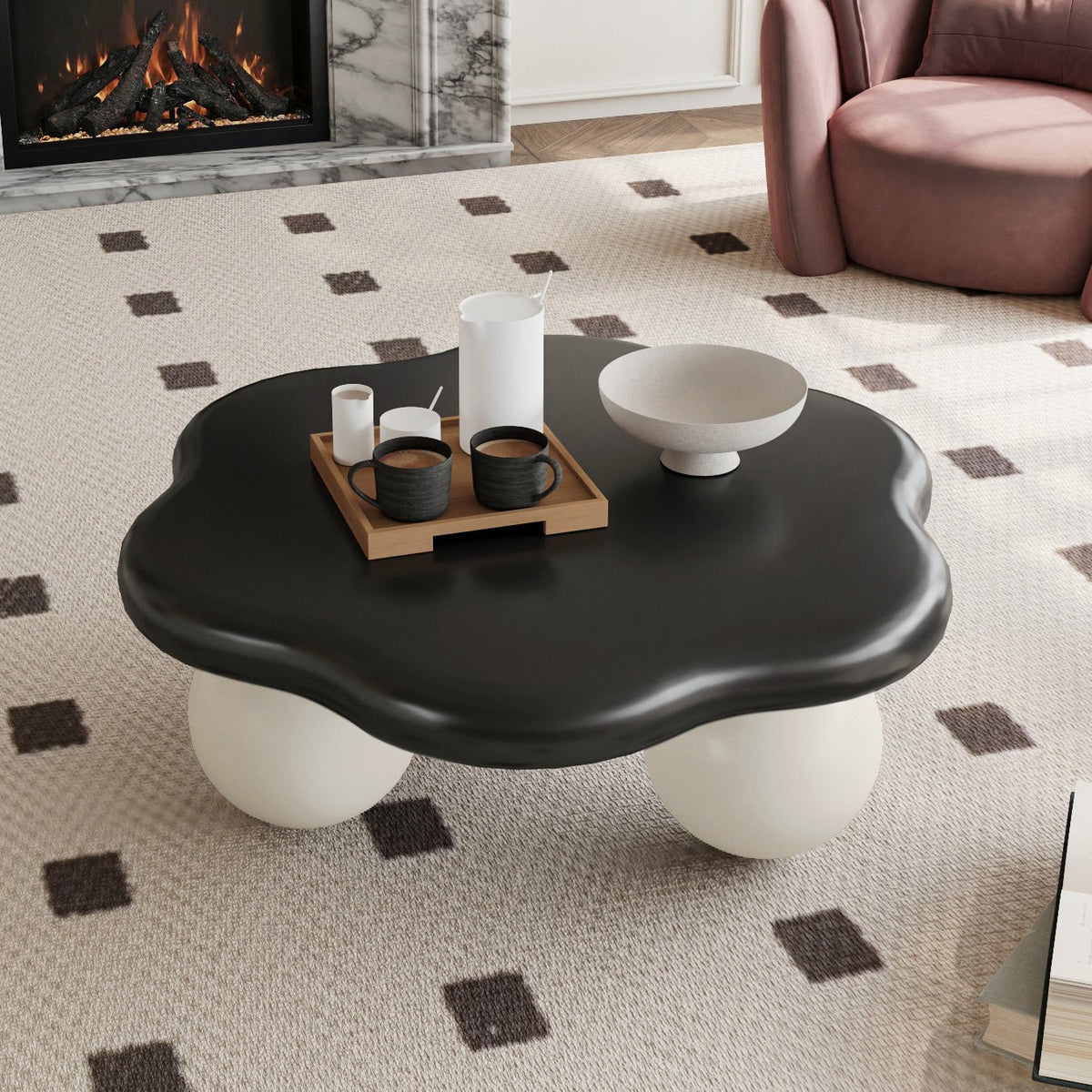 35" Cloud Shaped Coffee Table, Petal-Shaped Modern Minimalist Coffee Table with Spherical Legs - Sonkuki