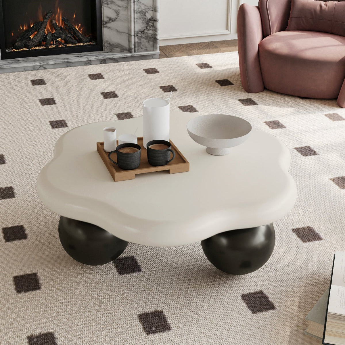 35" Cloud Shaped Coffee Table, Petal-Shaped Modern Minimalist Coffee Table with Spherical Legs - Sonkuki