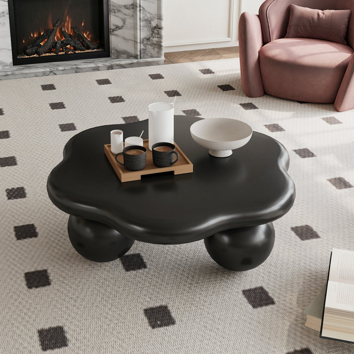35" Cloud Shaped Coffee Table, Petal-Shaped Modern Minimalist Coffee Table with Spherical Legs - Sonkuki