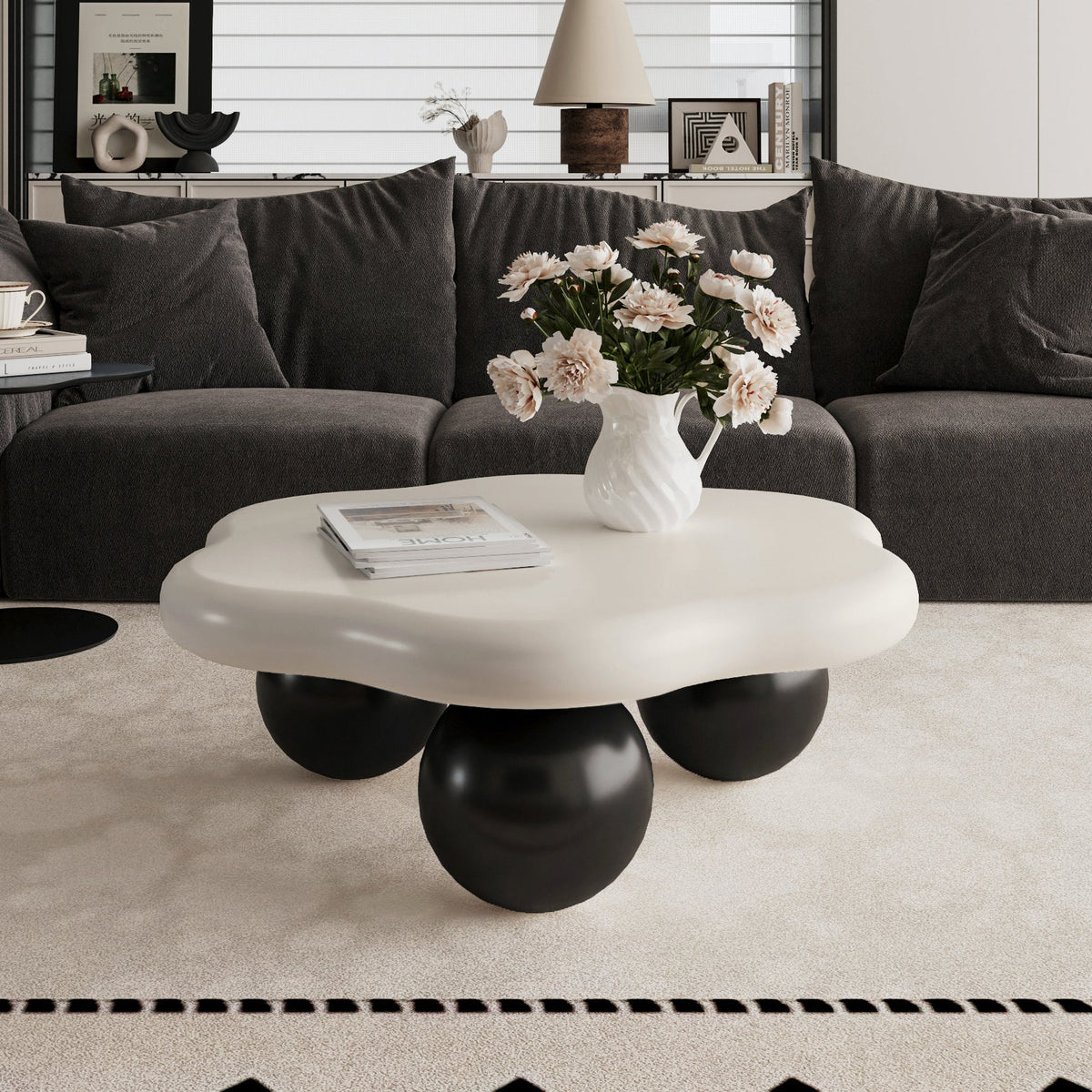 35" Cloud Shaped Coffee Table, Petal-Shaped Modern Minimalist Coffee Table with Spherical Legs - Sonkuki