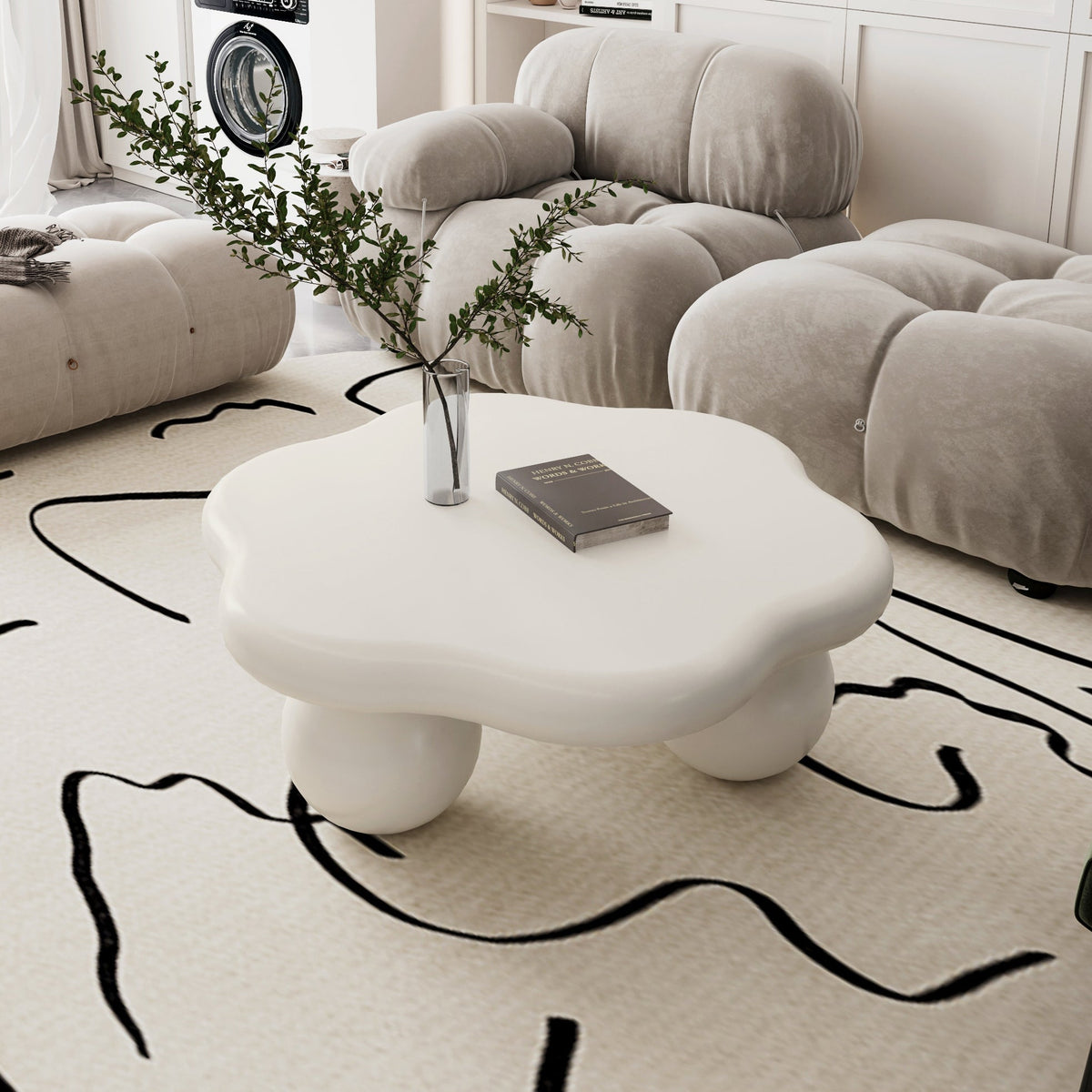 35" Cloud Shaped Coffee Table, Petal-Shaped Modern Minimalist Coffee Table with Spherical Legs - Sonkuki