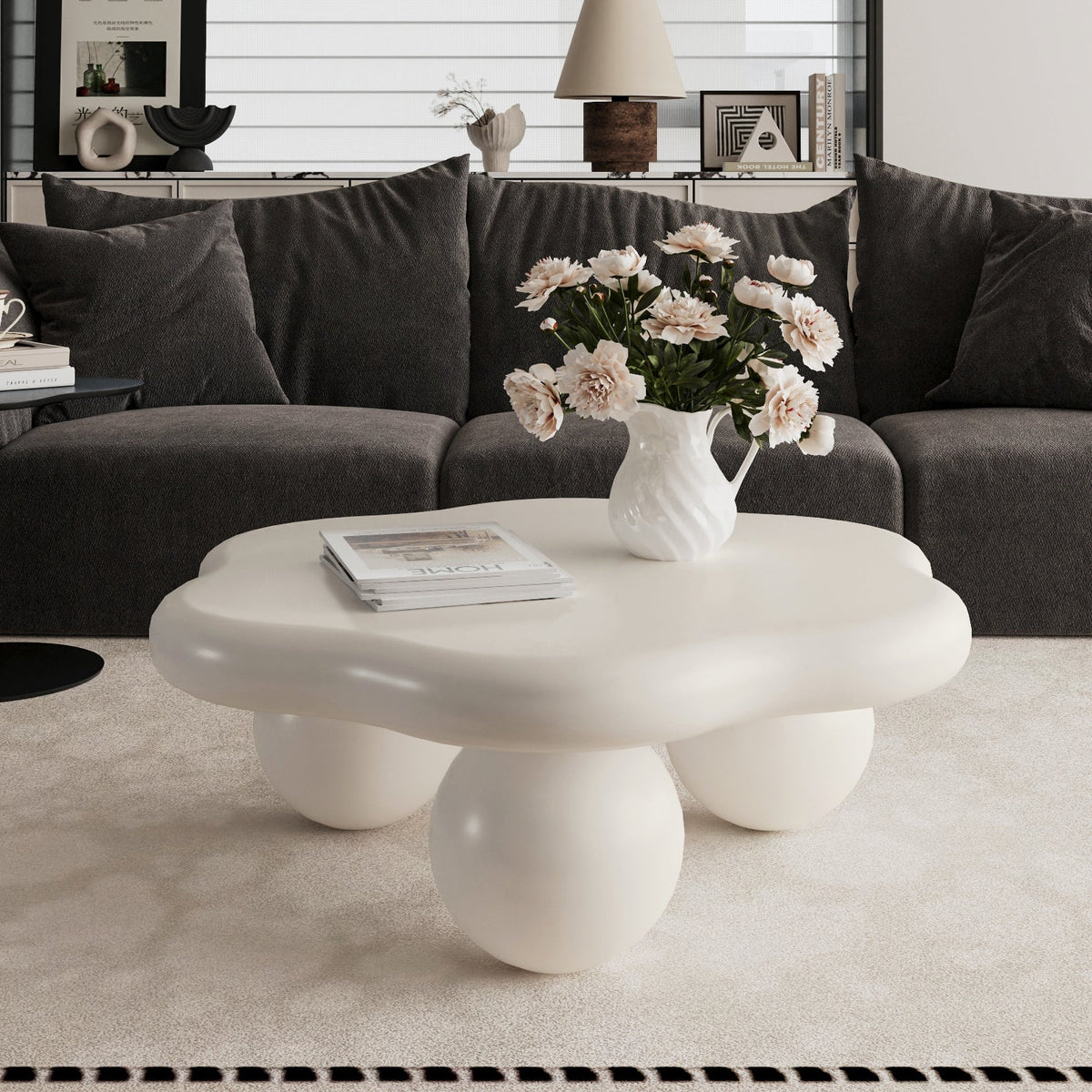 35" Cloud Shaped Coffee Table, Petal-Shaped Modern Minimalist Coffee Table with Spherical Legs - Sonkuki
