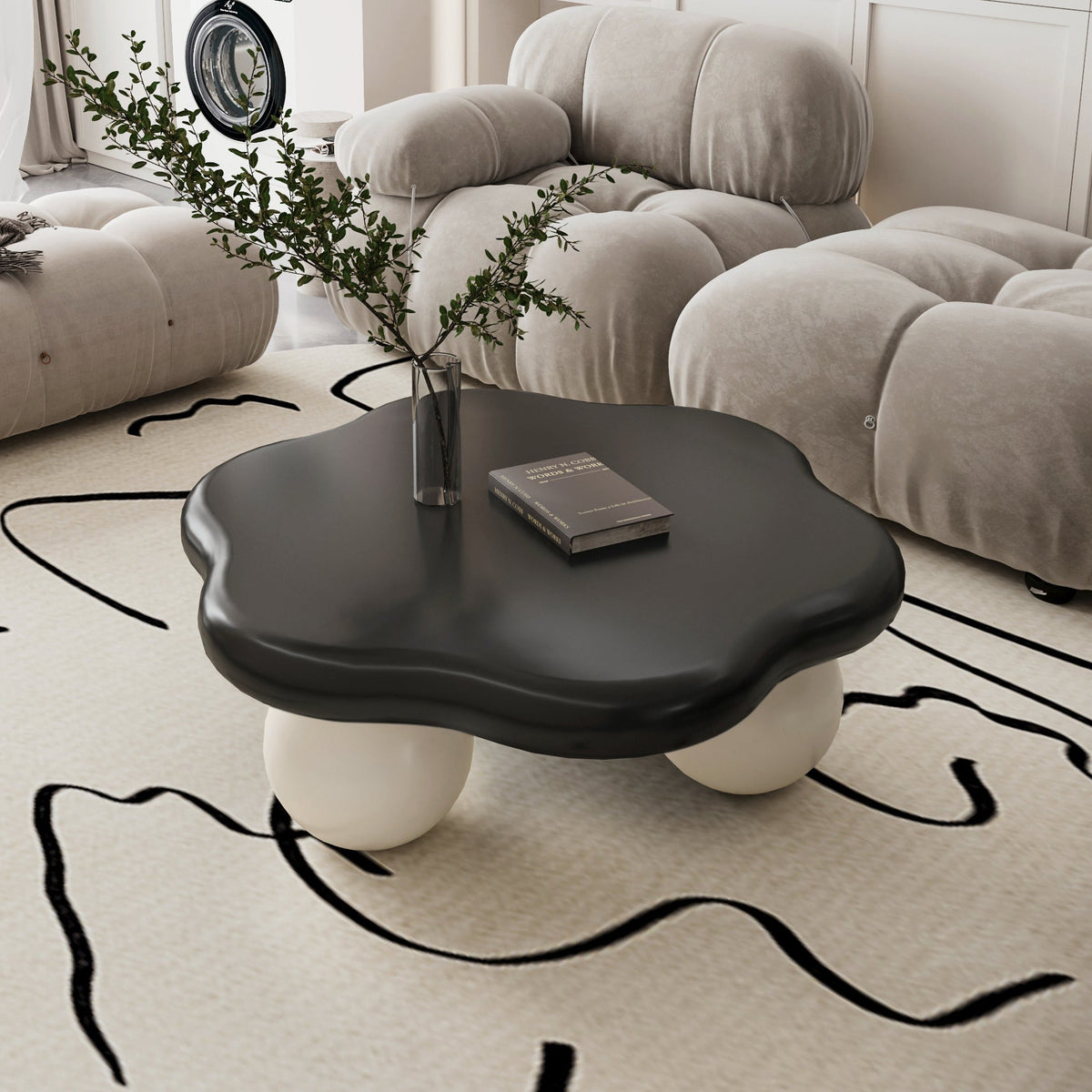 35" Cloud Shaped Coffee Table, Petal-Shaped Modern Minimalist Coffee Table with Spherical Legs - Sonkuki