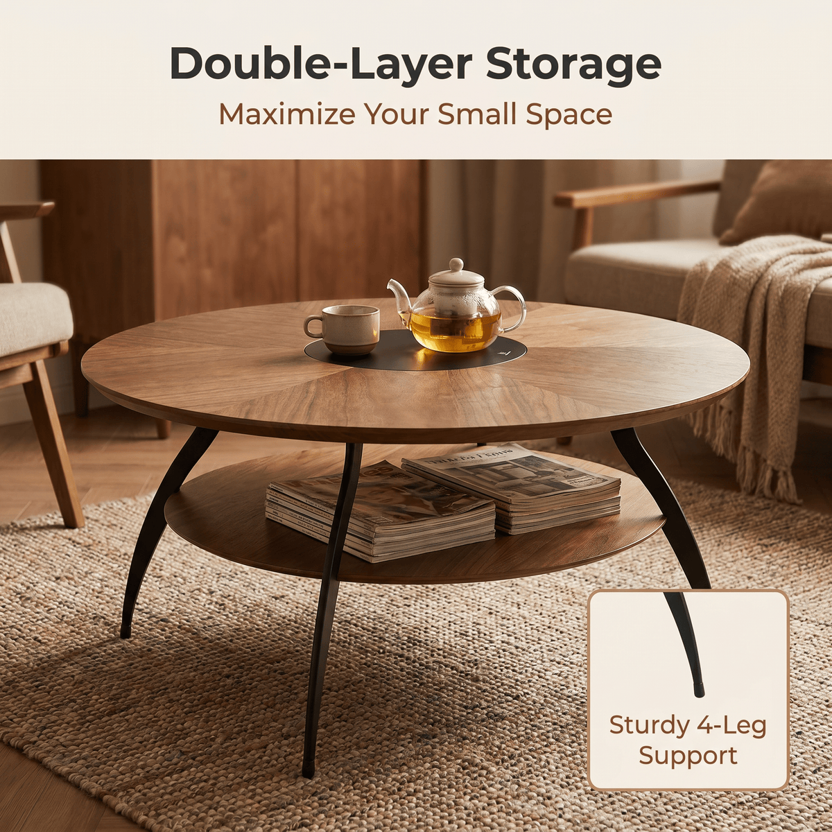 35.4-inch round coffee table with an inlaid glass top and carbon steel legs; walnut top and base - Sonkuki