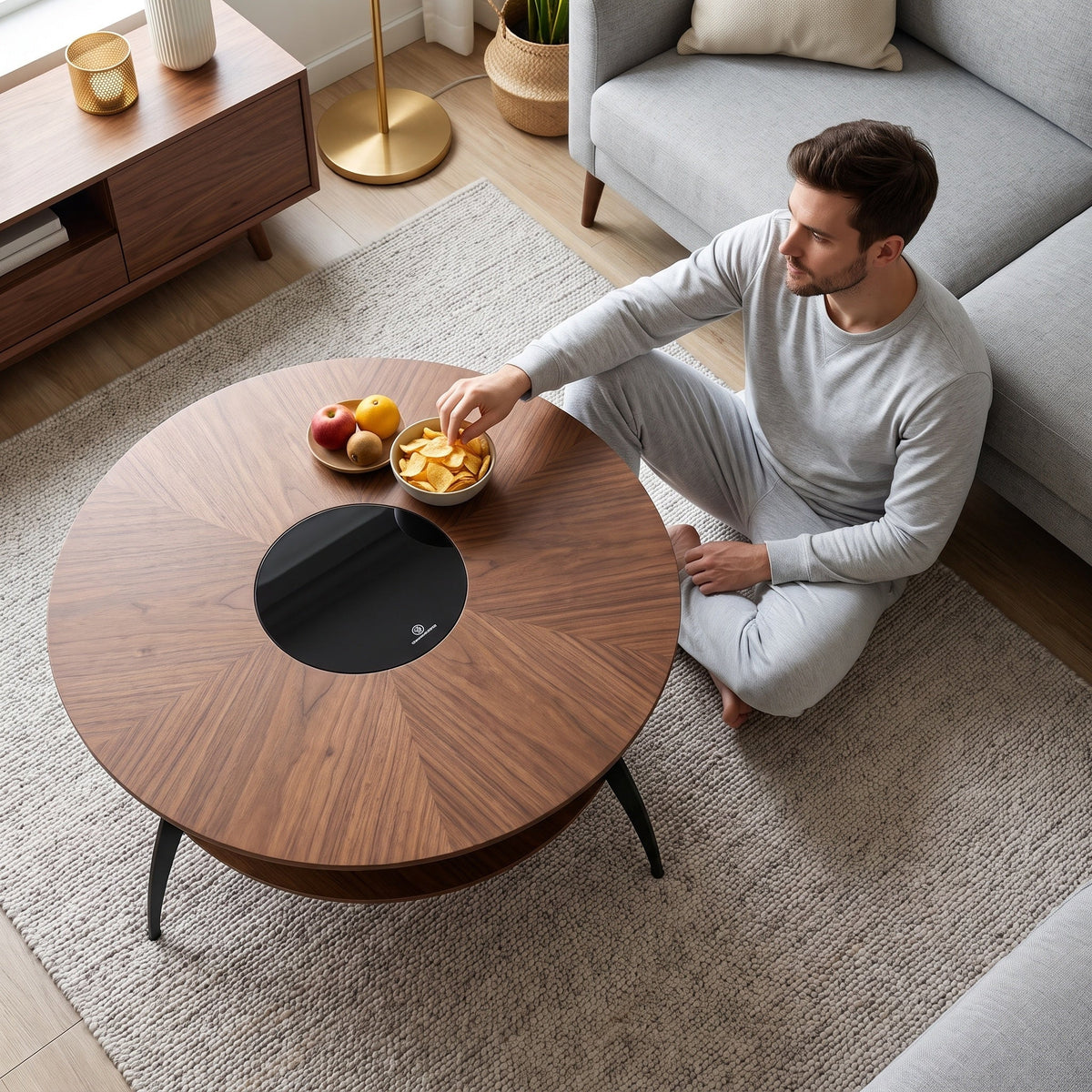 35.4-inch round coffee table with an inlaid glass top and carbon steel legs; walnut top and base - Sonkuki