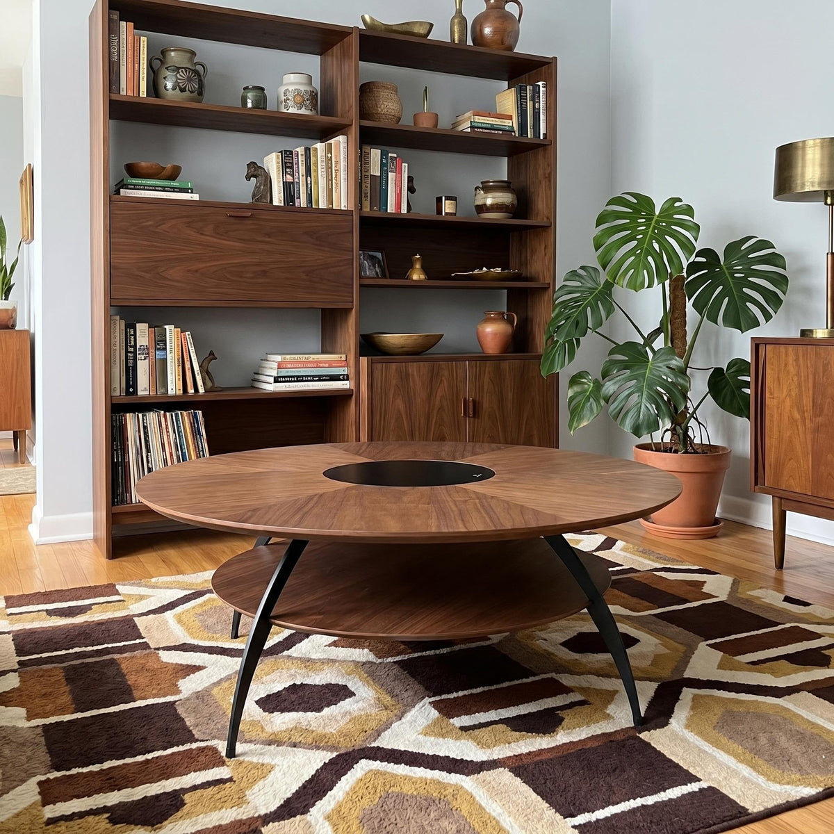 35.4-inch round coffee table with an inlaid glass top and carbon steel legs; walnut top and base - Sonkuki