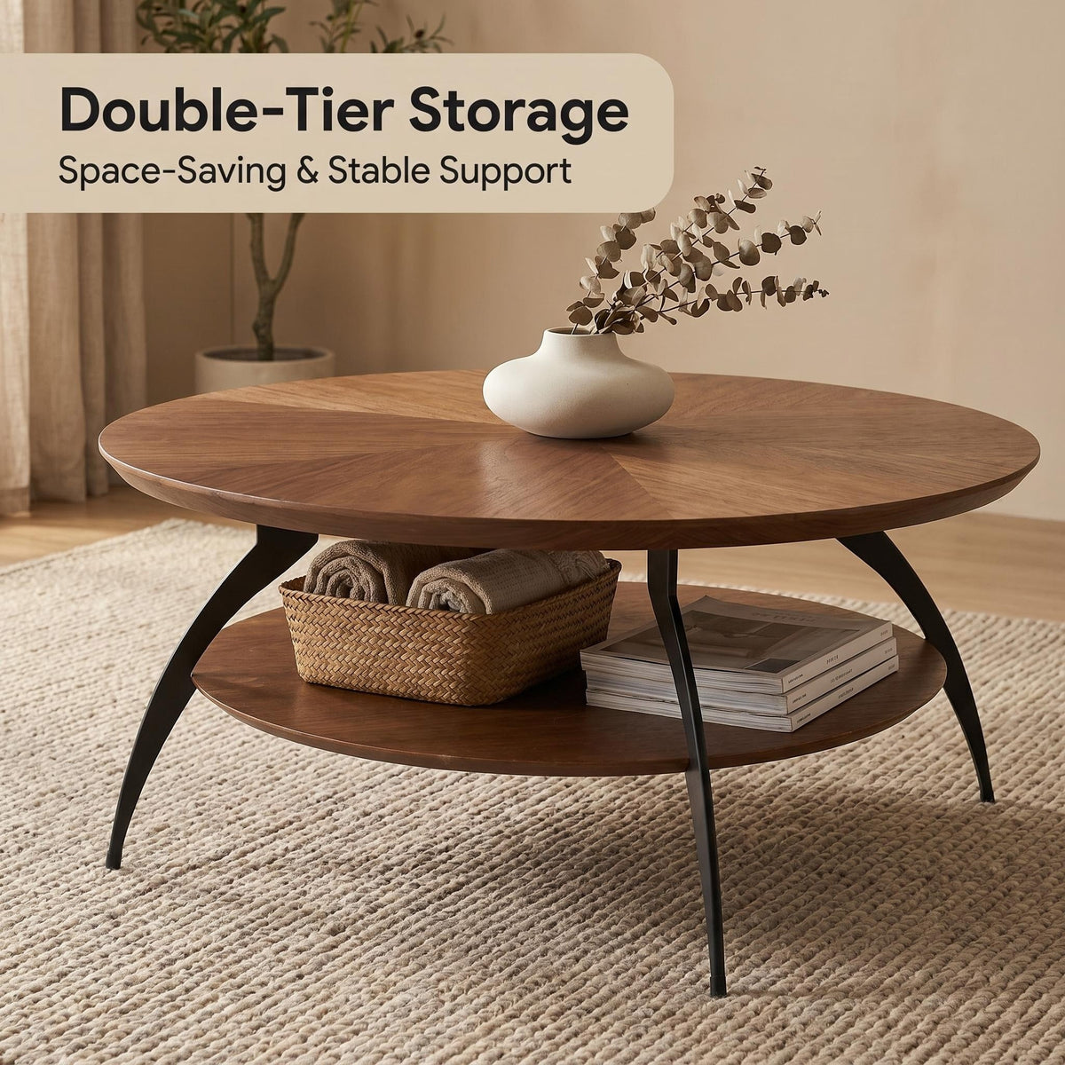 35.4-inch round coffee table with an inlaid glass top and carbon steel legs; walnut top and base - Sonkuki