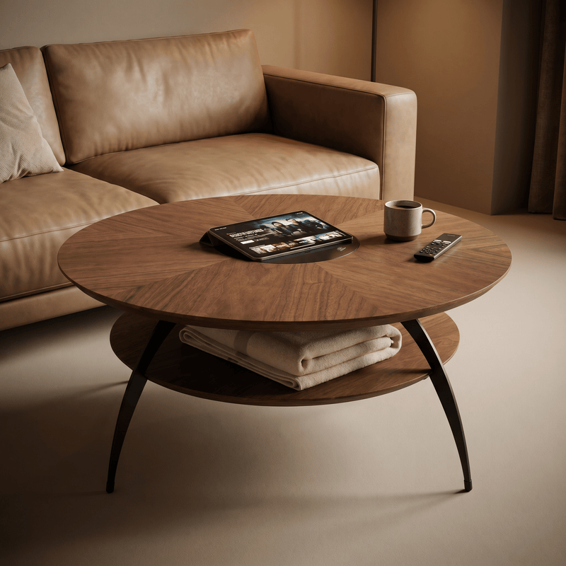 35.4-inch round coffee table with an inlaid glass top and carbon steel legs; walnut top and base - Sonkuki