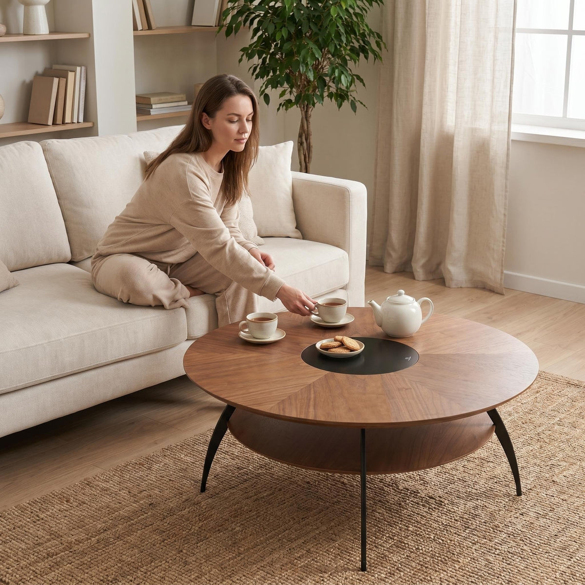 35.4-inch round coffee table with an inlaid glass top and carbon steel legs; walnut top and base - Sonkuki