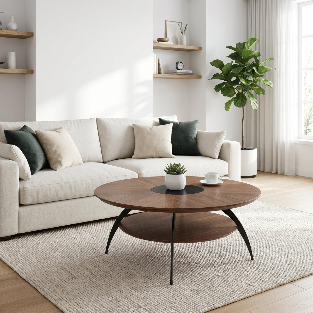 35.4-inch round coffee table with an inlaid glass top and carbon steel legs; walnut top and base - Sonkuki