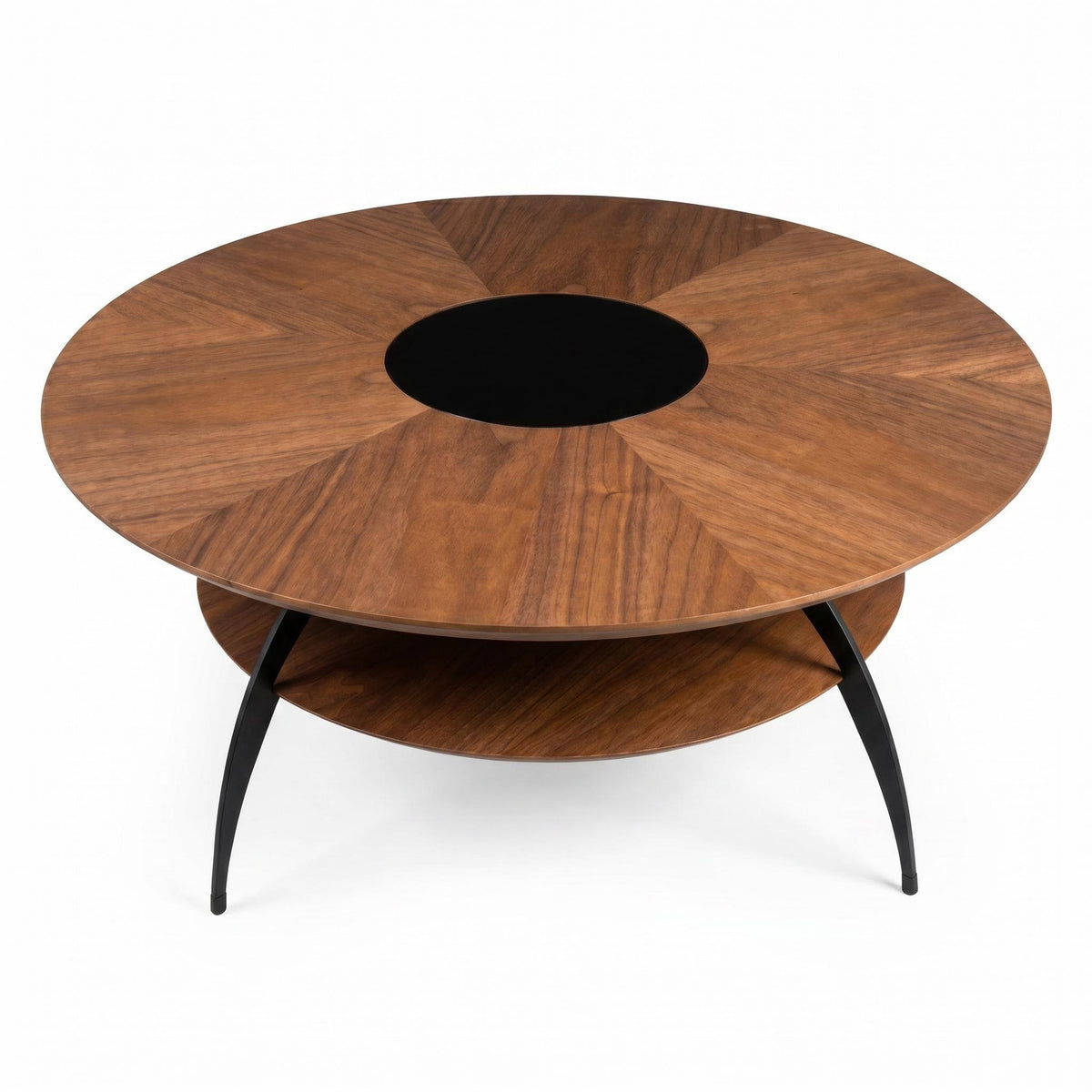 35.4-inch round coffee table with an inlaid glass top and carbon steel legs; walnut top and base - Sonkuki