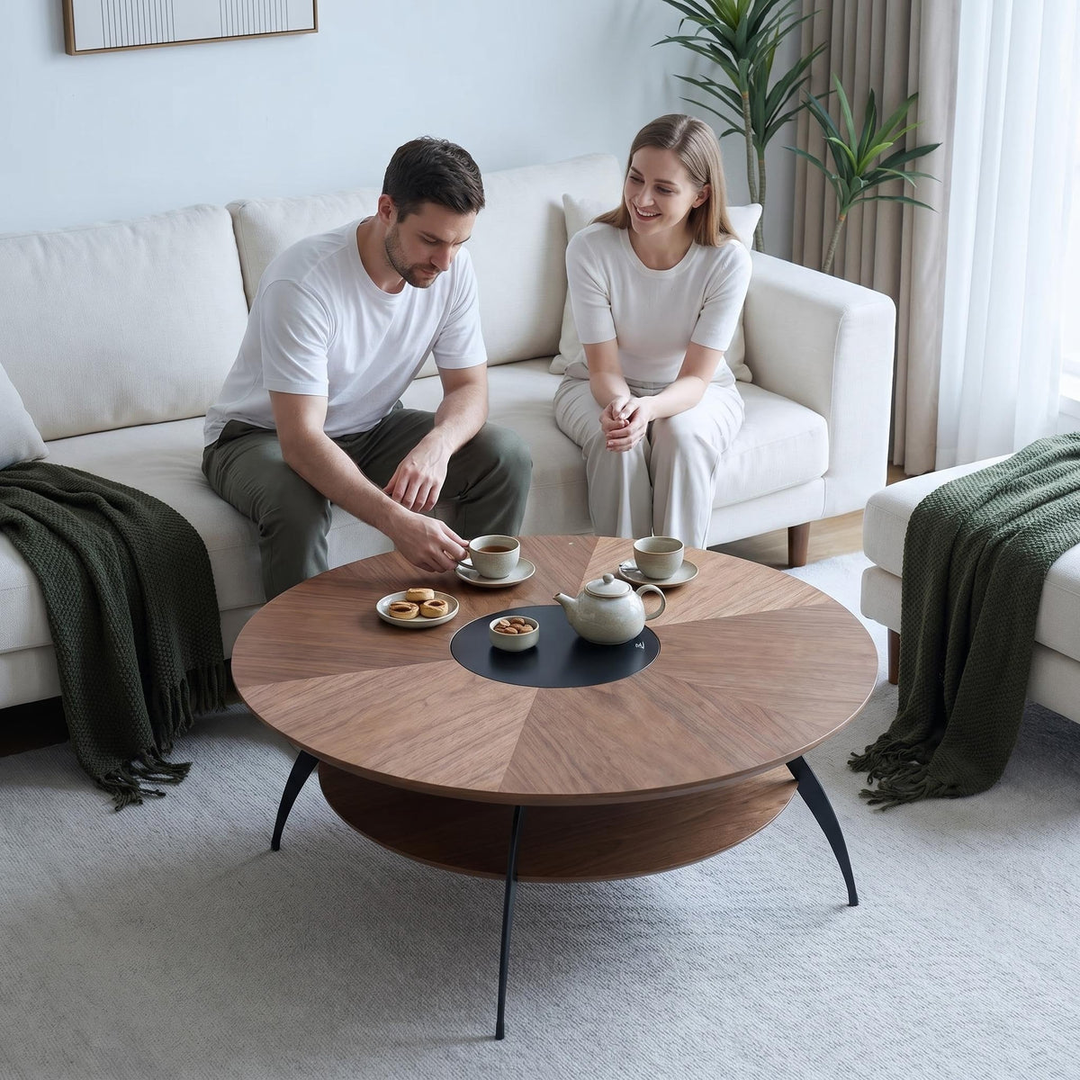 35.4-inch round coffee table with an inlaid glass top and carbon steel legs; walnut top and base - Sonkuki