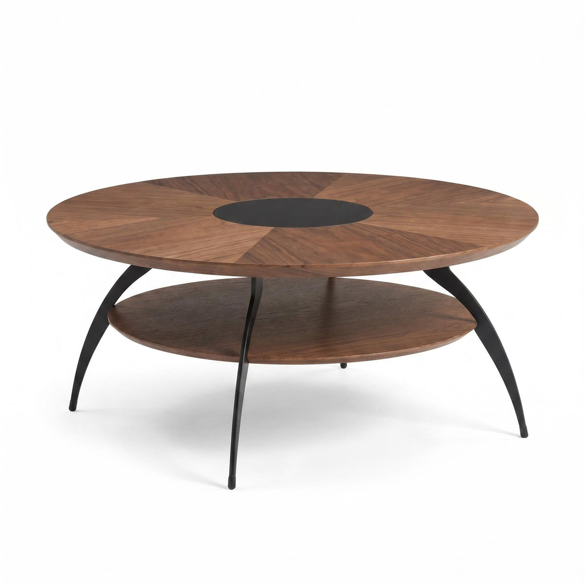 35.4-inch round coffee table with an inlaid glass top and carbon steel legs; walnut top and base - Sonkuki