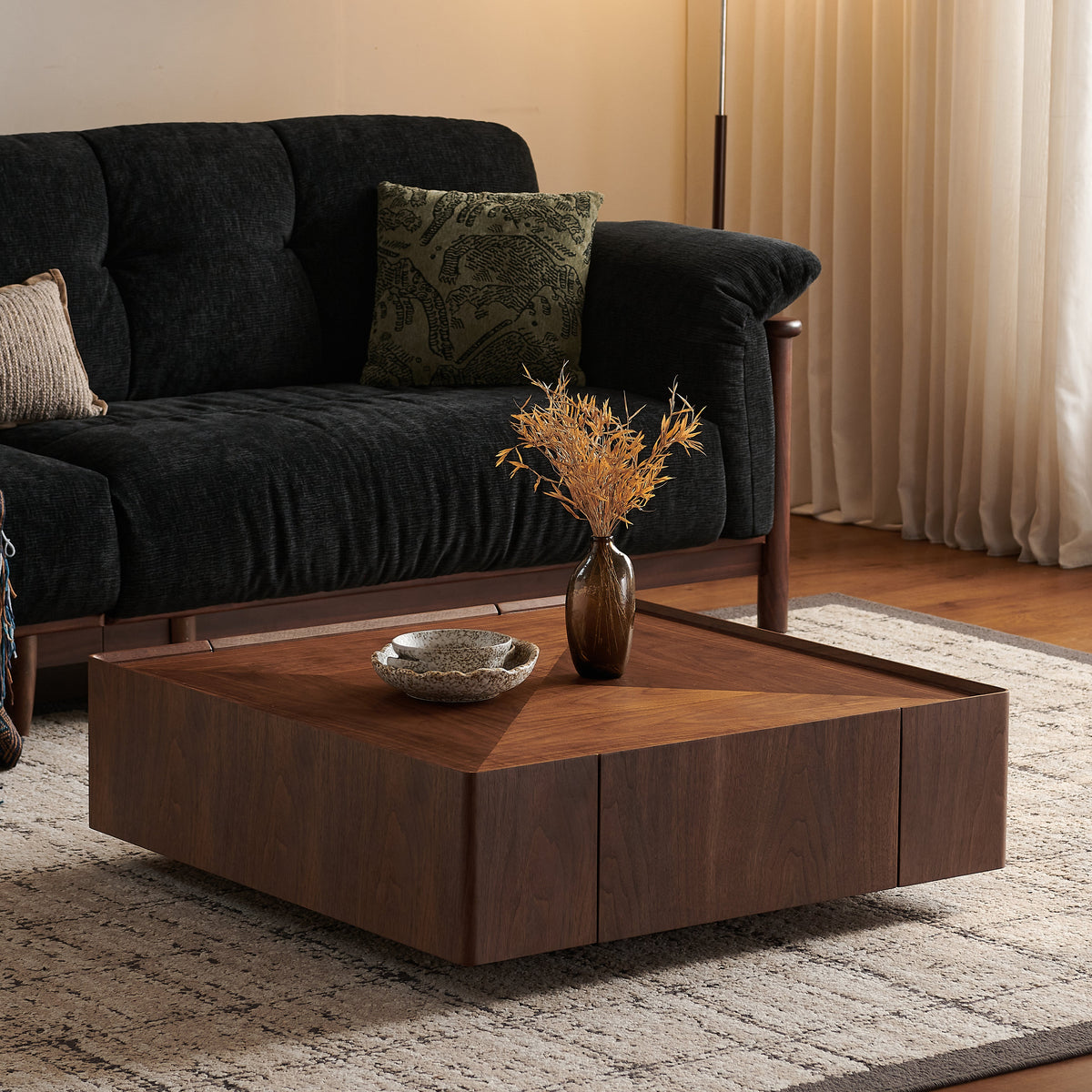 39.3-inch coffee table, square walnut wood design, suitable for living room. Walnut wood material, suitable for bedroom, living room and office - Sonkuki